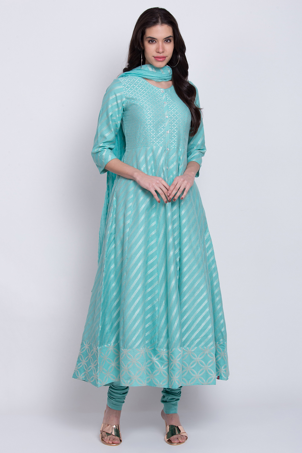 Sky Blue Poly Cotton Anarkali Kurta Churidar Suit Set image number 1