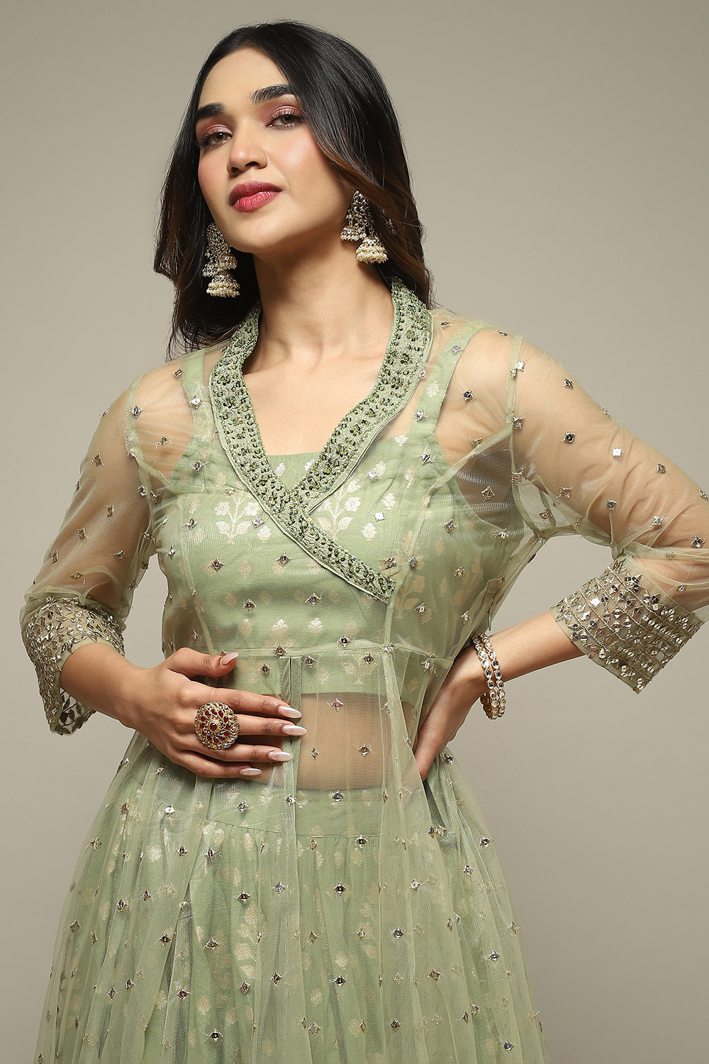 Mint Green Nylon Embroidered Lehenga Set image number 1