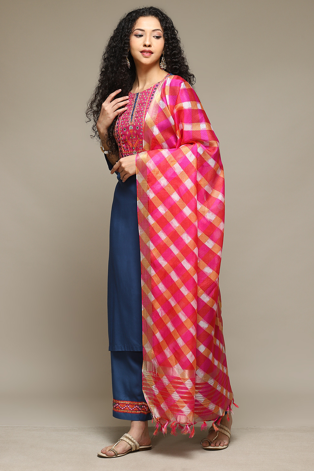 Off White & Blue Rayon Straight Kurta Palazzo Suit Set image number 5