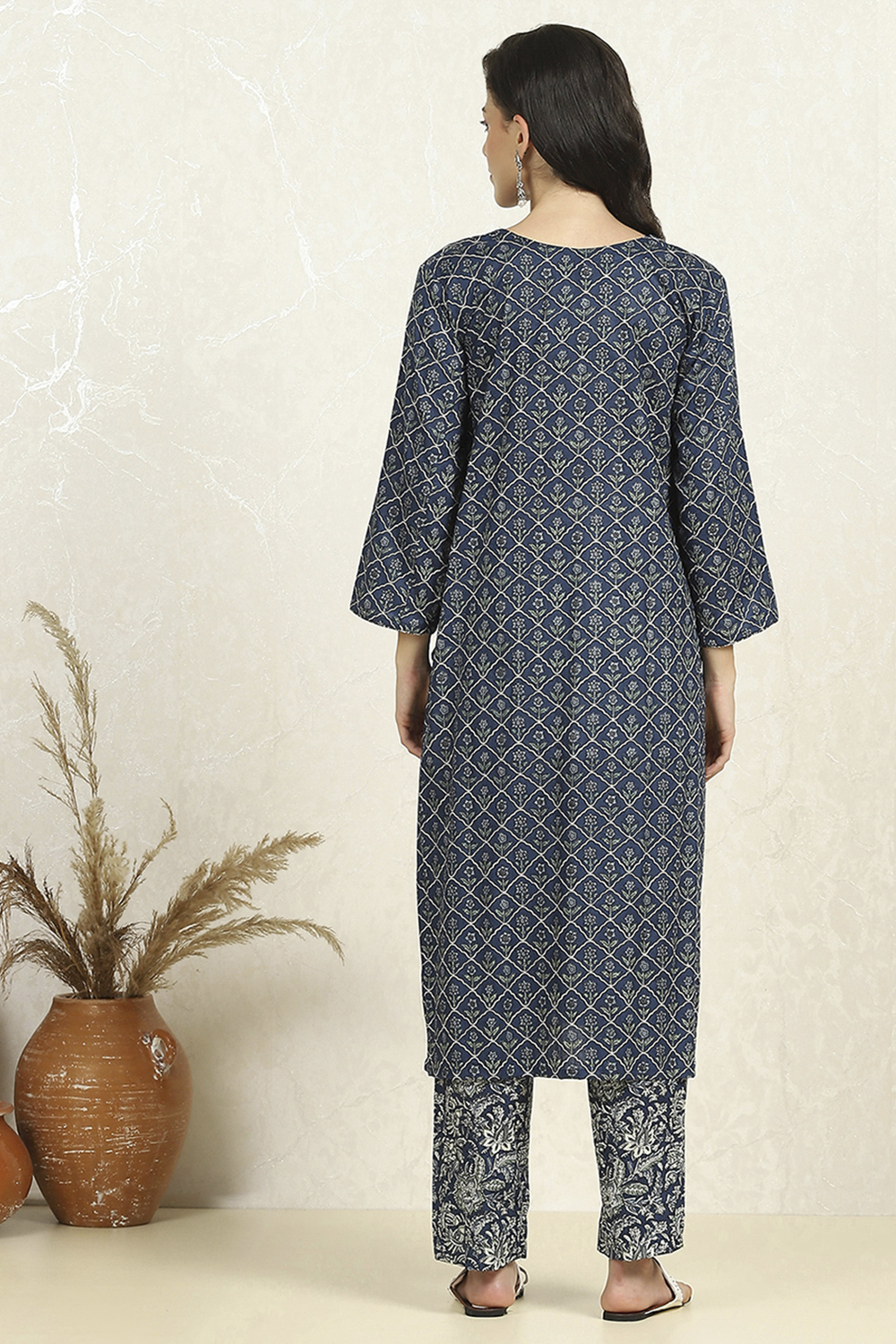 Blue Cotton Unstitched Suit Set image number 5