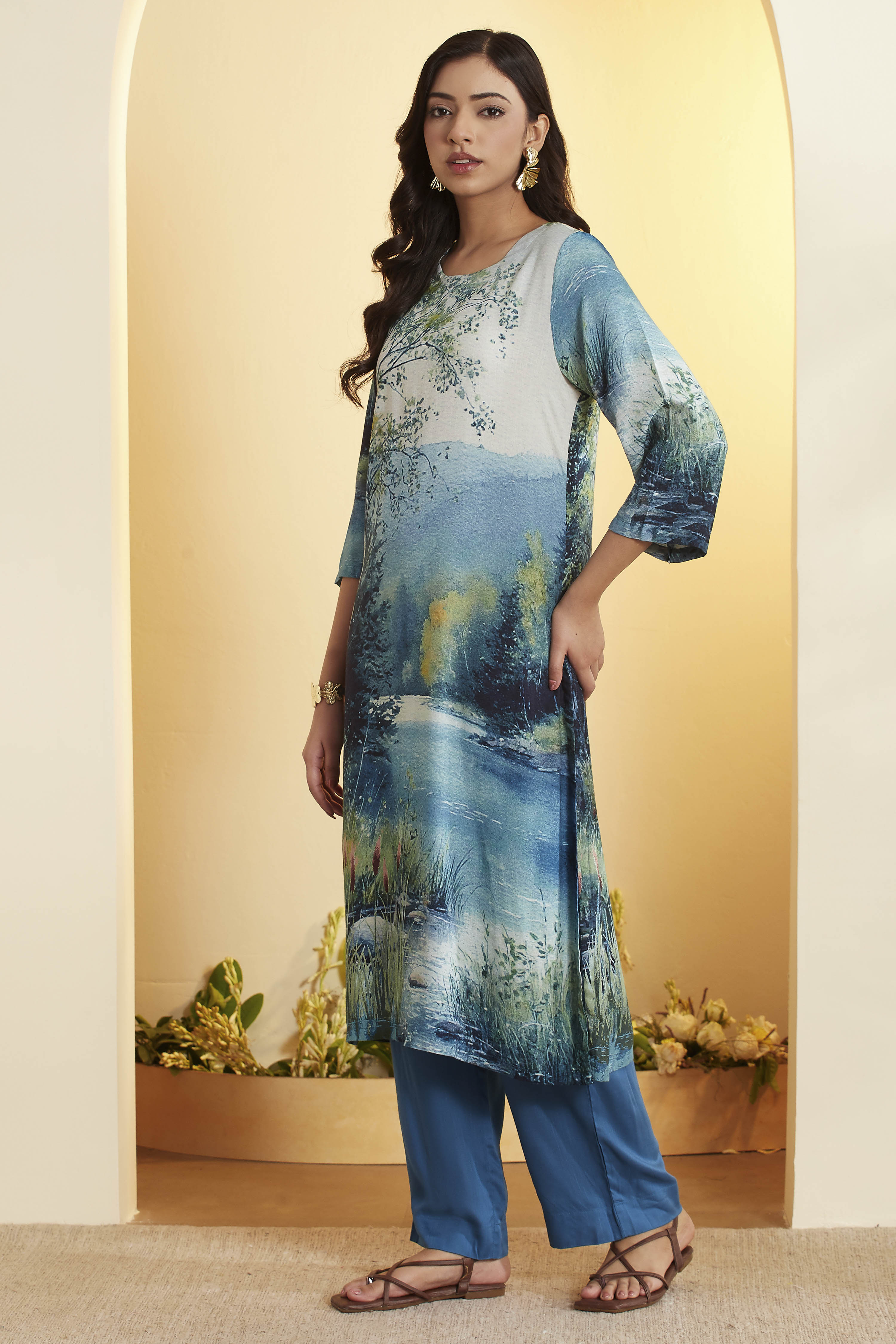Beige Rayon Slub Straight Kurta Pants Set image number 3