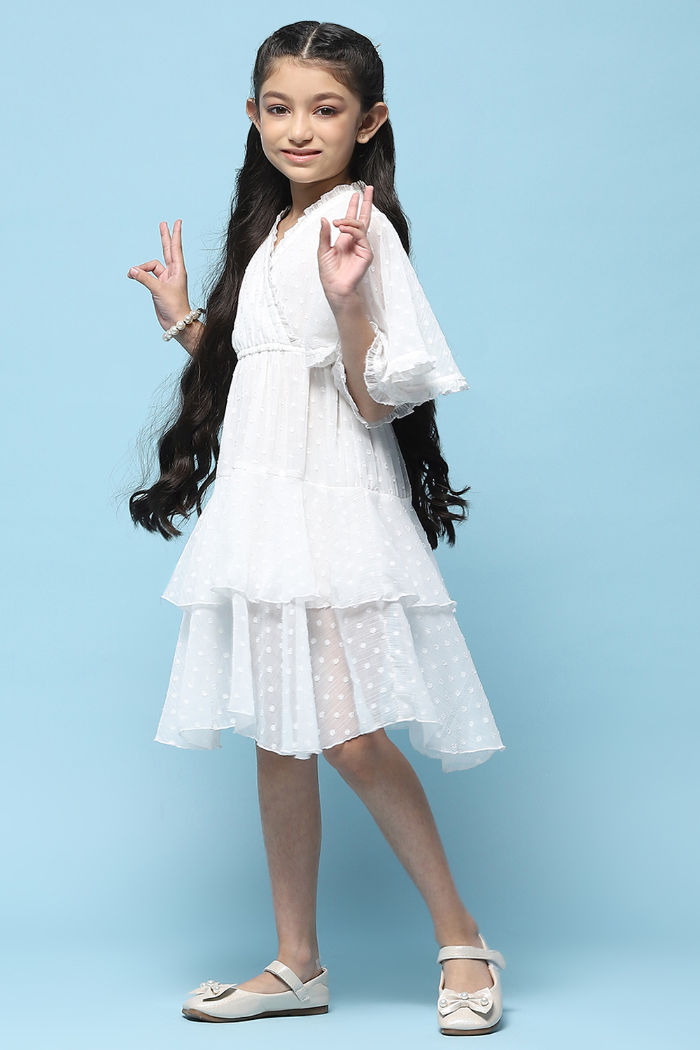 White Chiffon Dobby Tiered Dress image number 0
