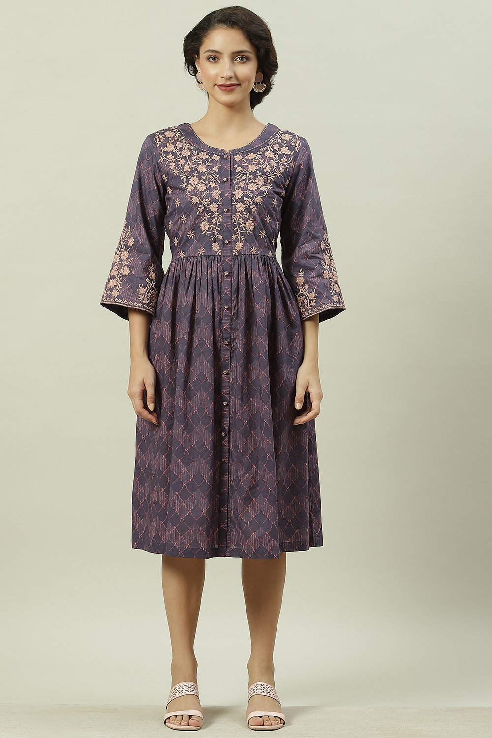 Indigo Cotton A-Line Printed Dress image number 5