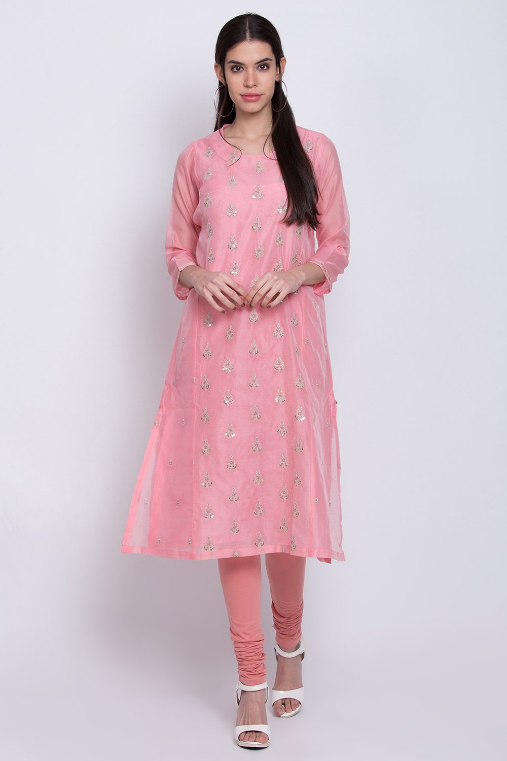 Pink Poly Cotton A-Line Embroidered Kurta image number 0