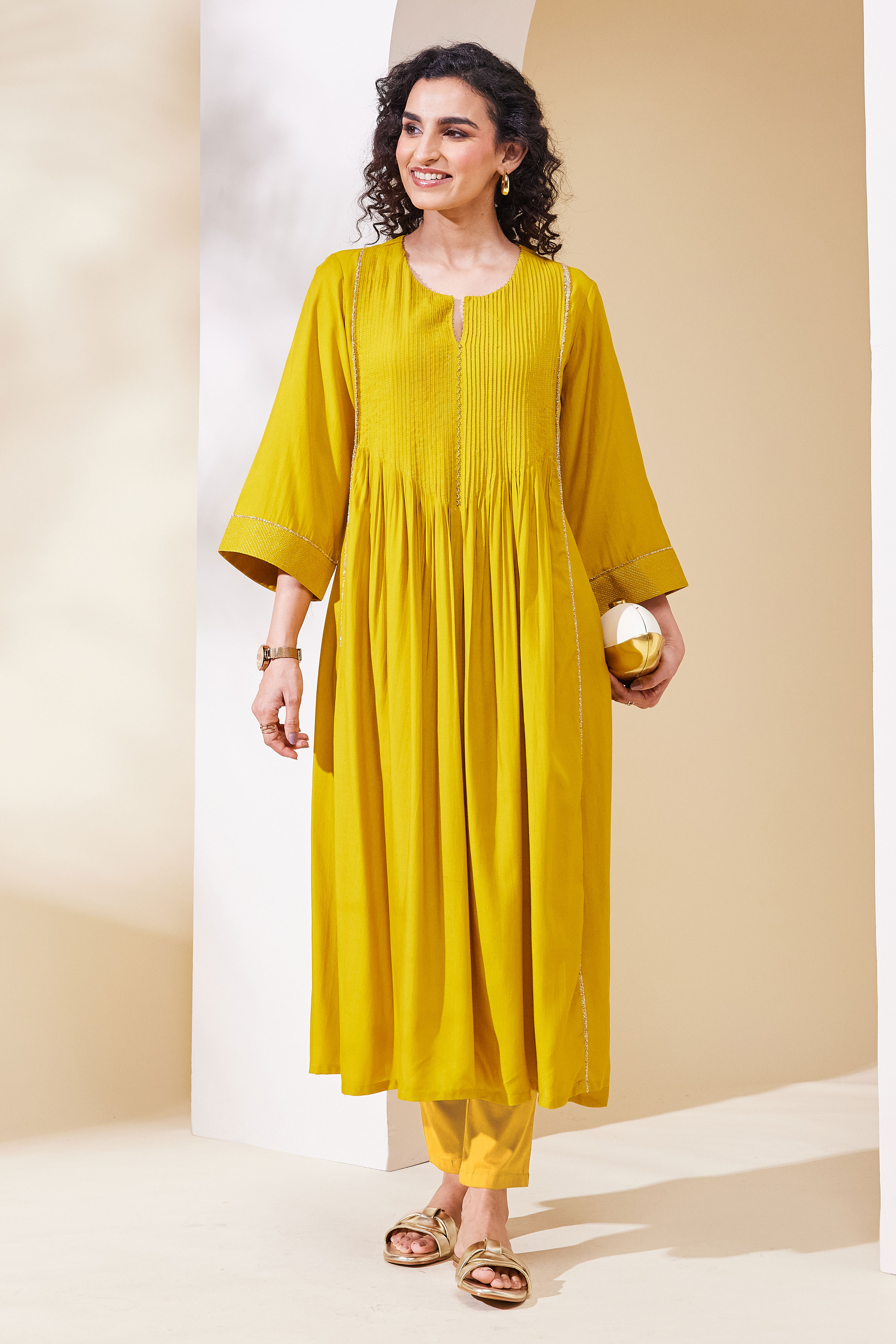 Mustard Yellow Viscose Blend Flared Kurta image number 0