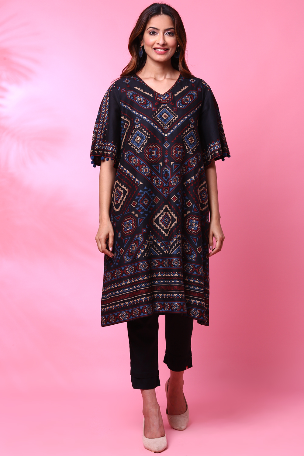 Charcoal Black Cotton A-Line Printed Kurta image number 3