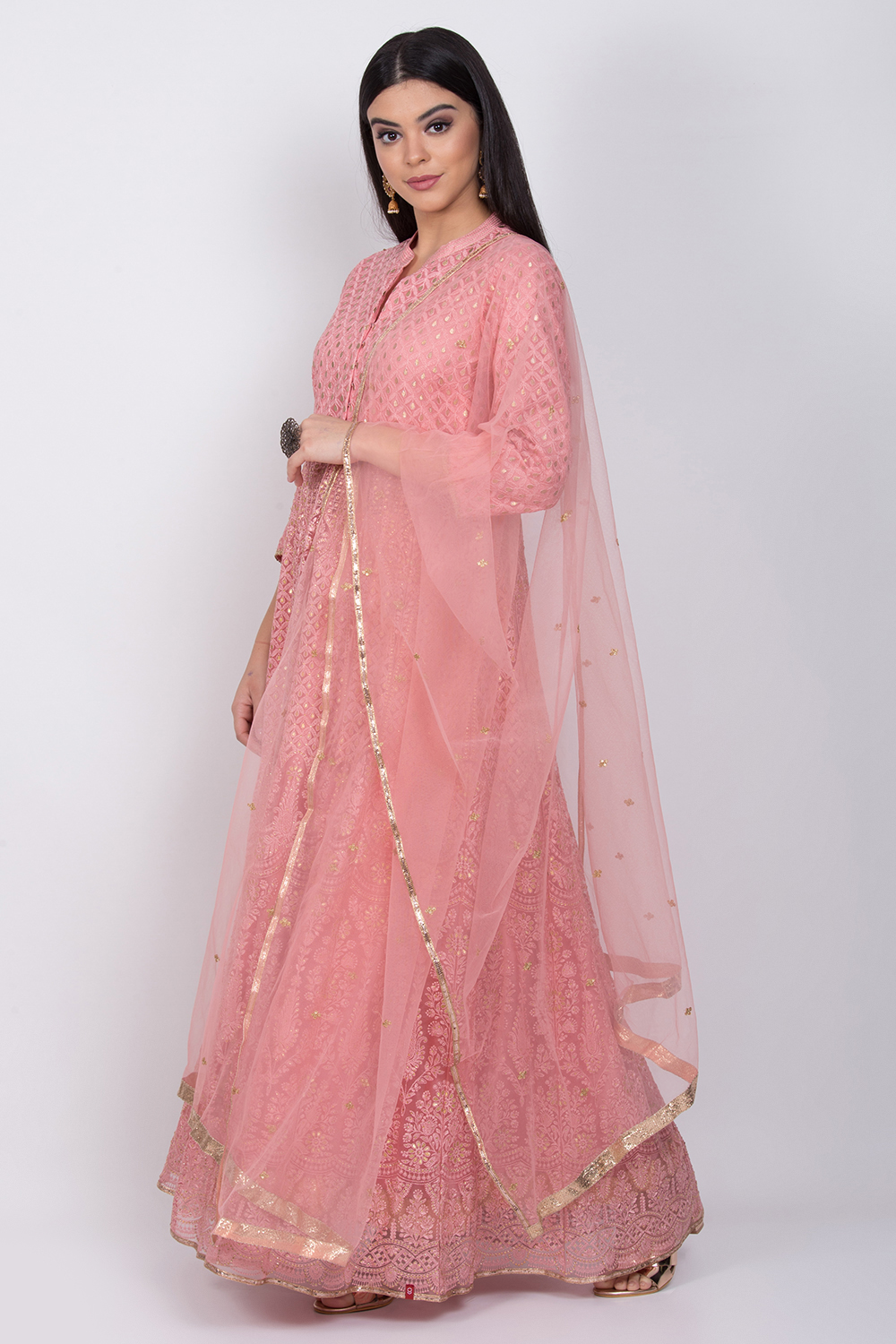 Dusky Pink Front Open Anarkali Kurta Lehenga Suit Set image number 4