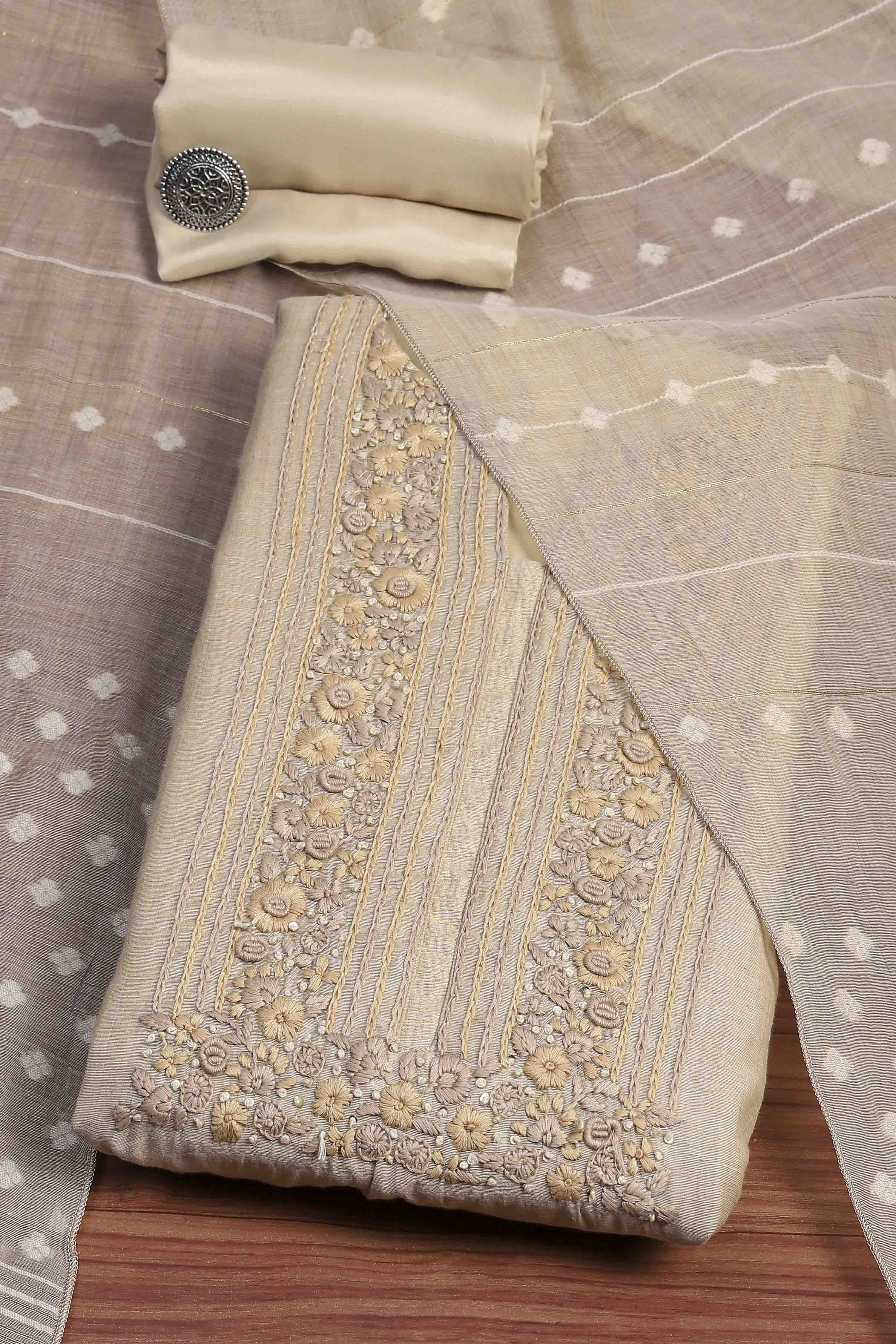 Beige Chanderi Blend Hand Embroidered Unstitched Suit Set image number 0