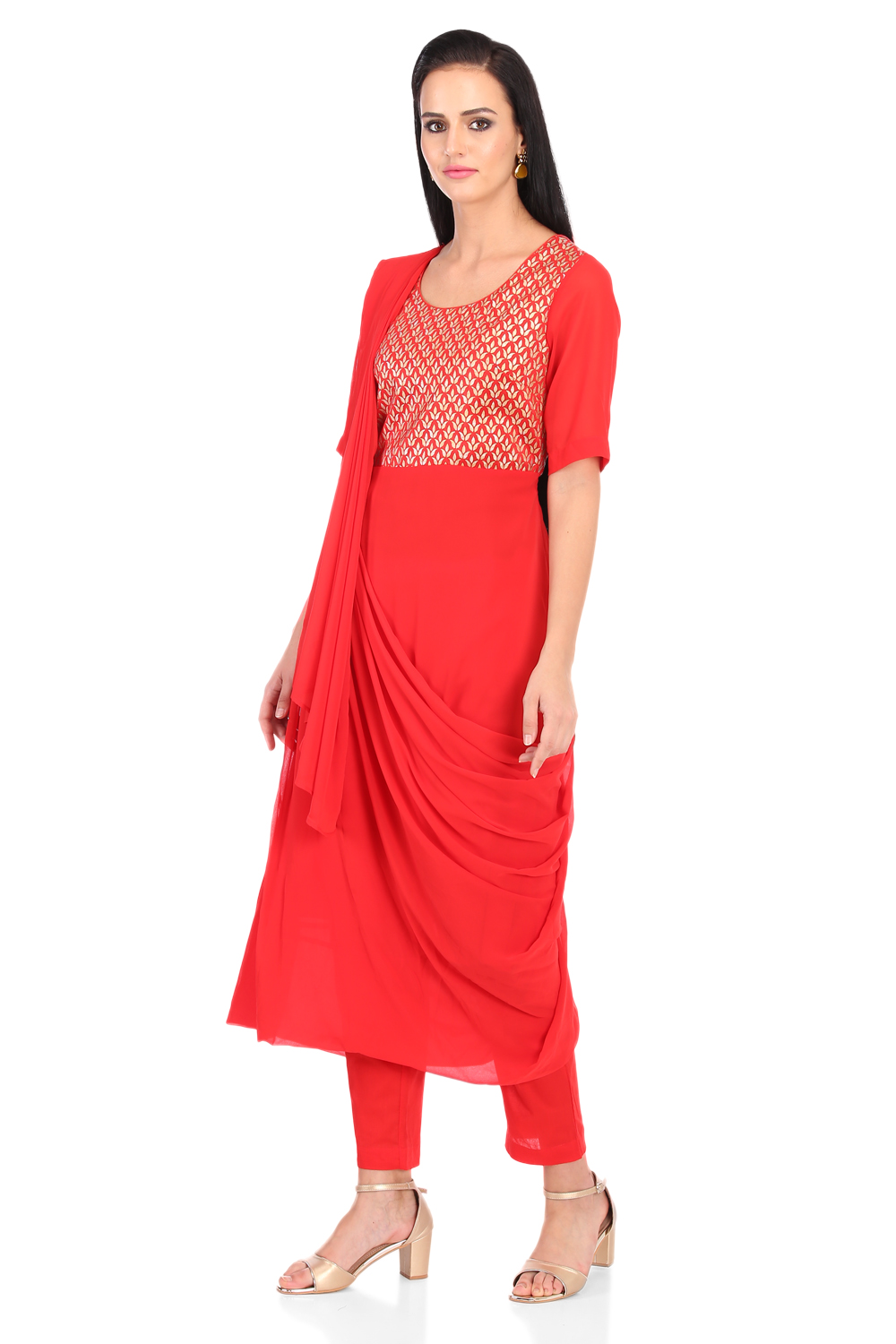 Red Art Silk Saree Kurta Slim Pant Suit Set image number 3
