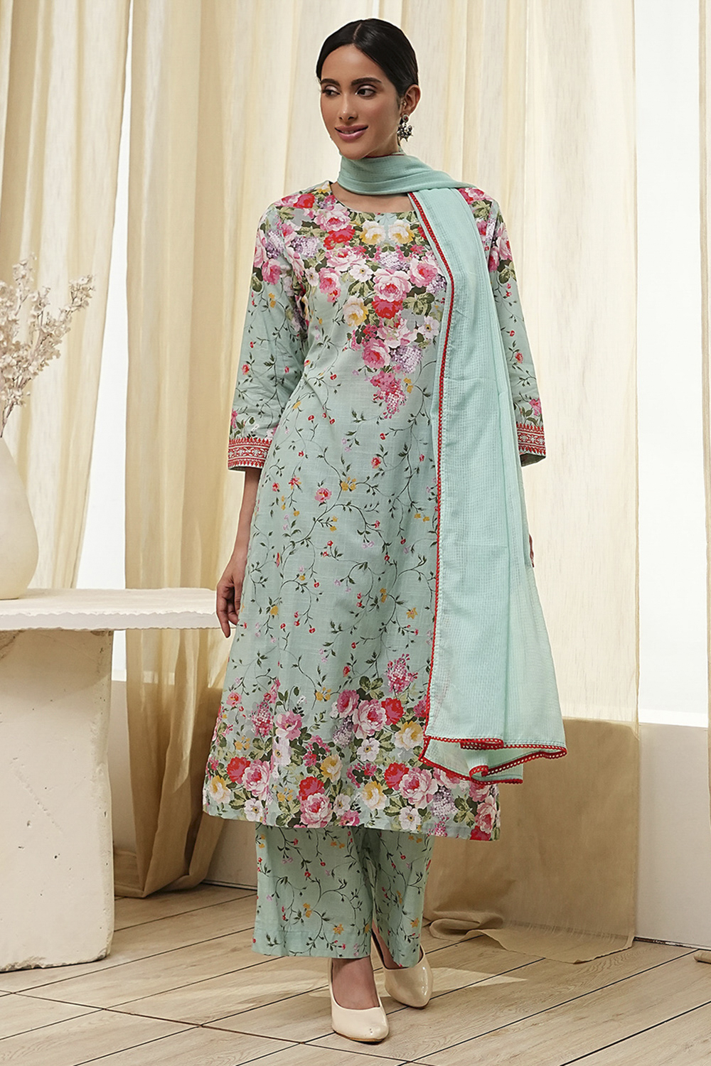 Turquoise Cotton Floral Printed Straight Suit Set image number 6