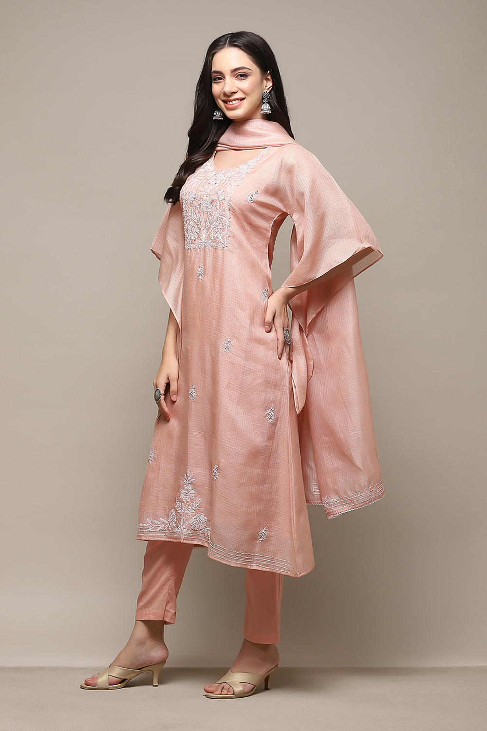 Peach Cotton Blend Printed Unstitched Suit Set image number 6