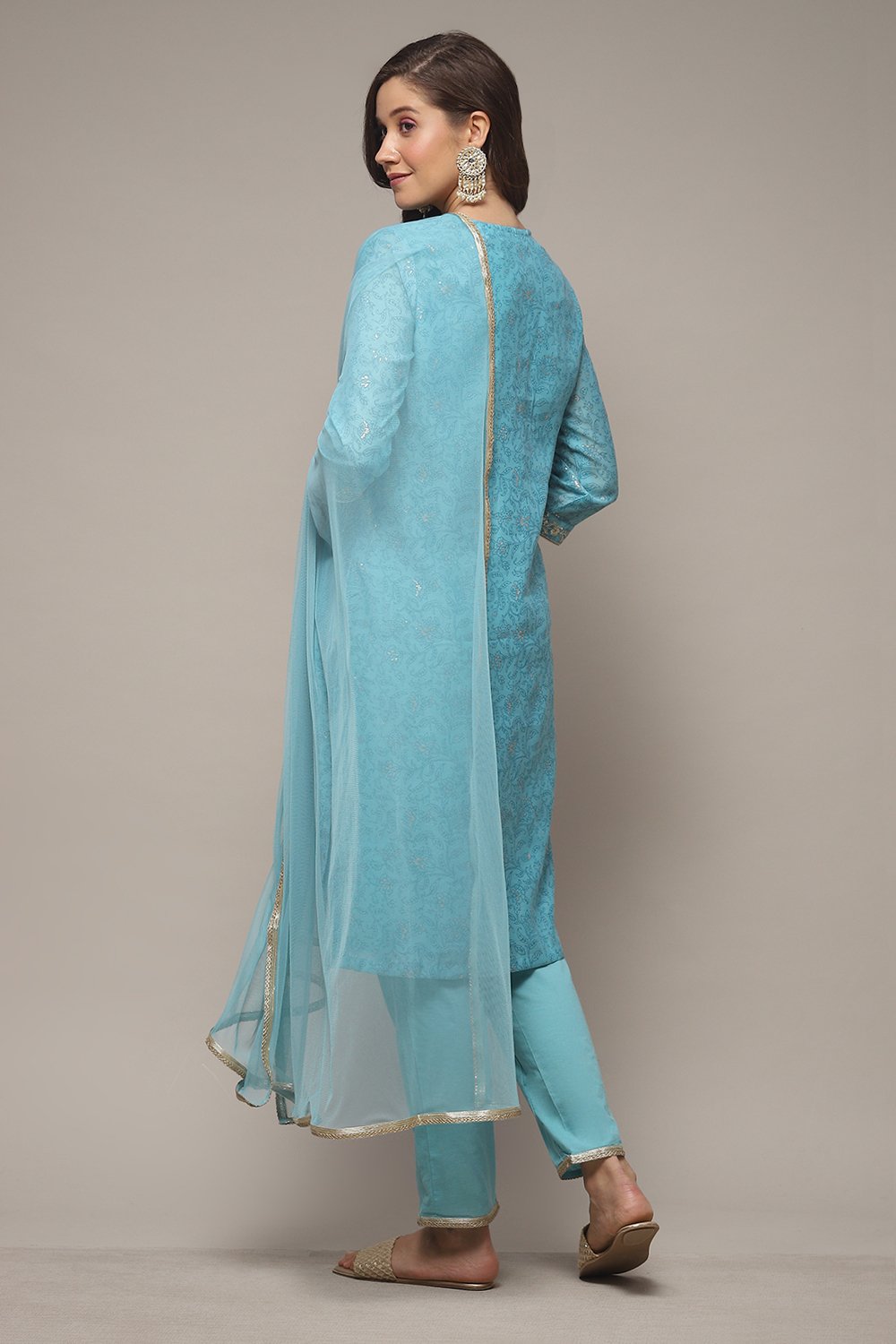 Turquoise Cotton Blend Straight Kurta Pants Suit Set image number 2