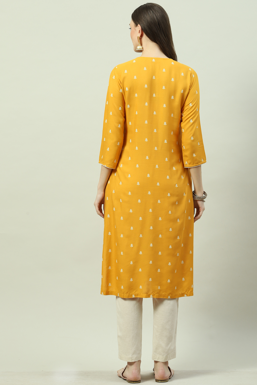 Warm Mustard LIVA Straight Printed Kurta image number 4