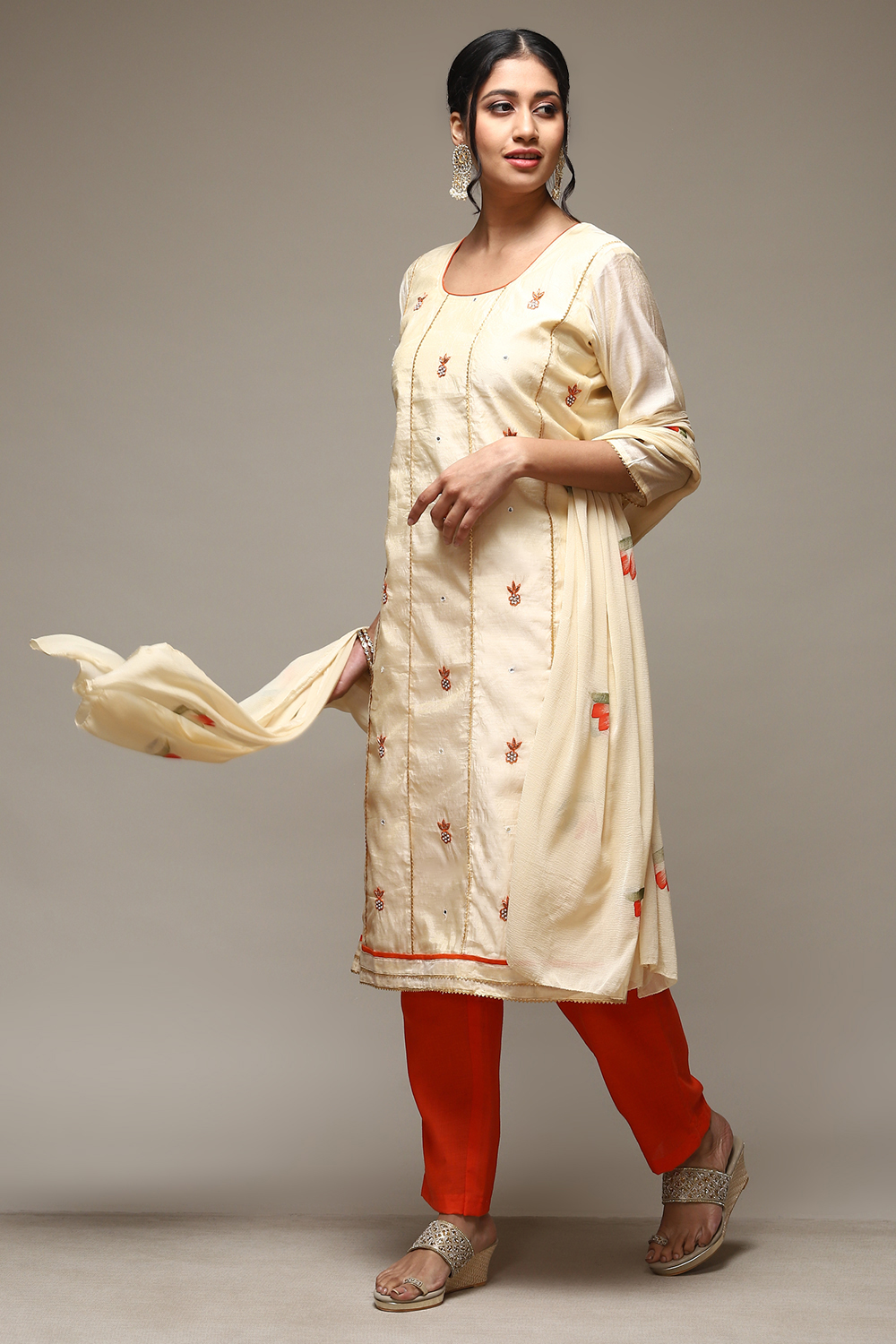 Mustard Chanderi Machine Embroidered Unstitched Suit Set image number 5