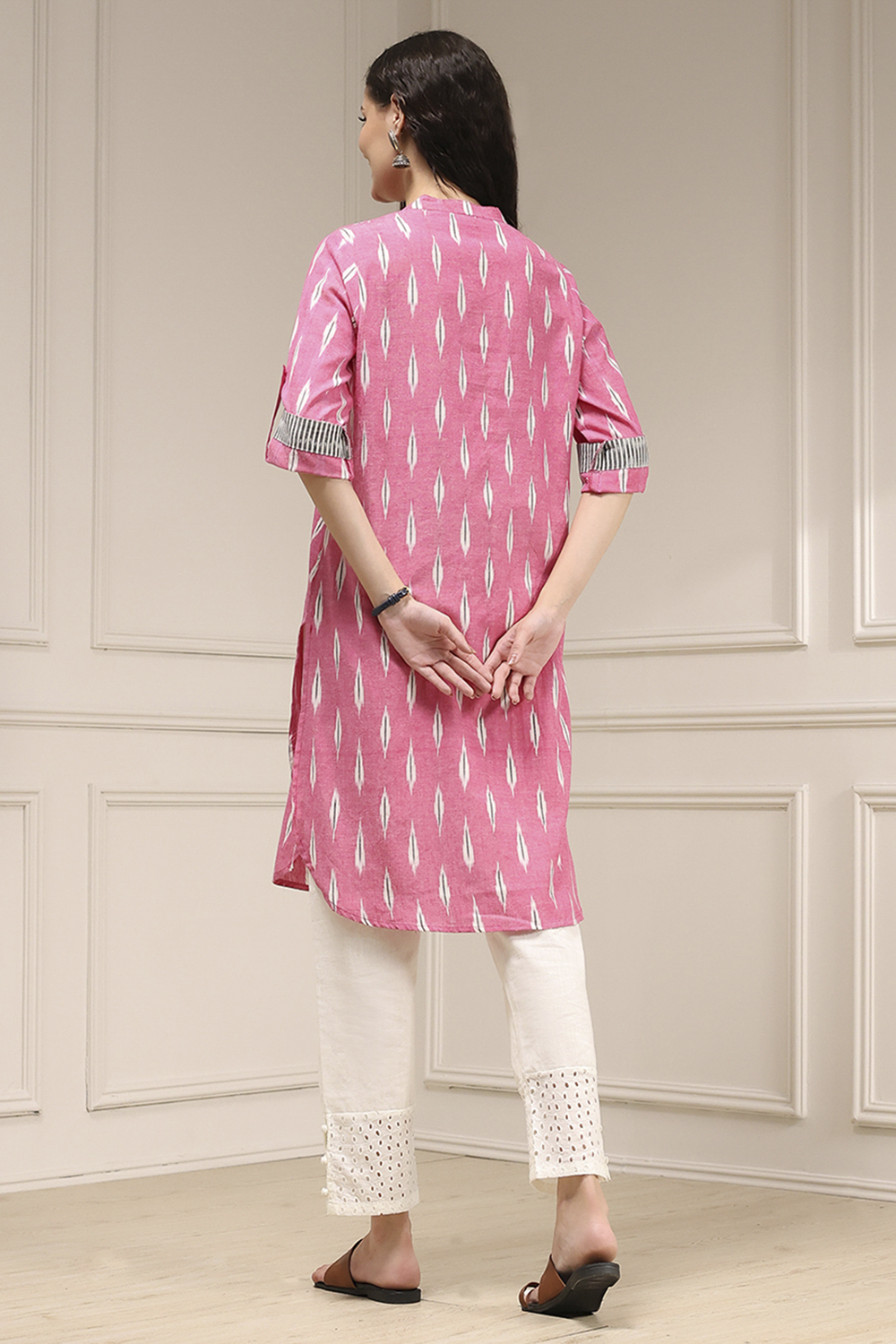 Pink Cotton Straight Yarndyed Kurta image number 3