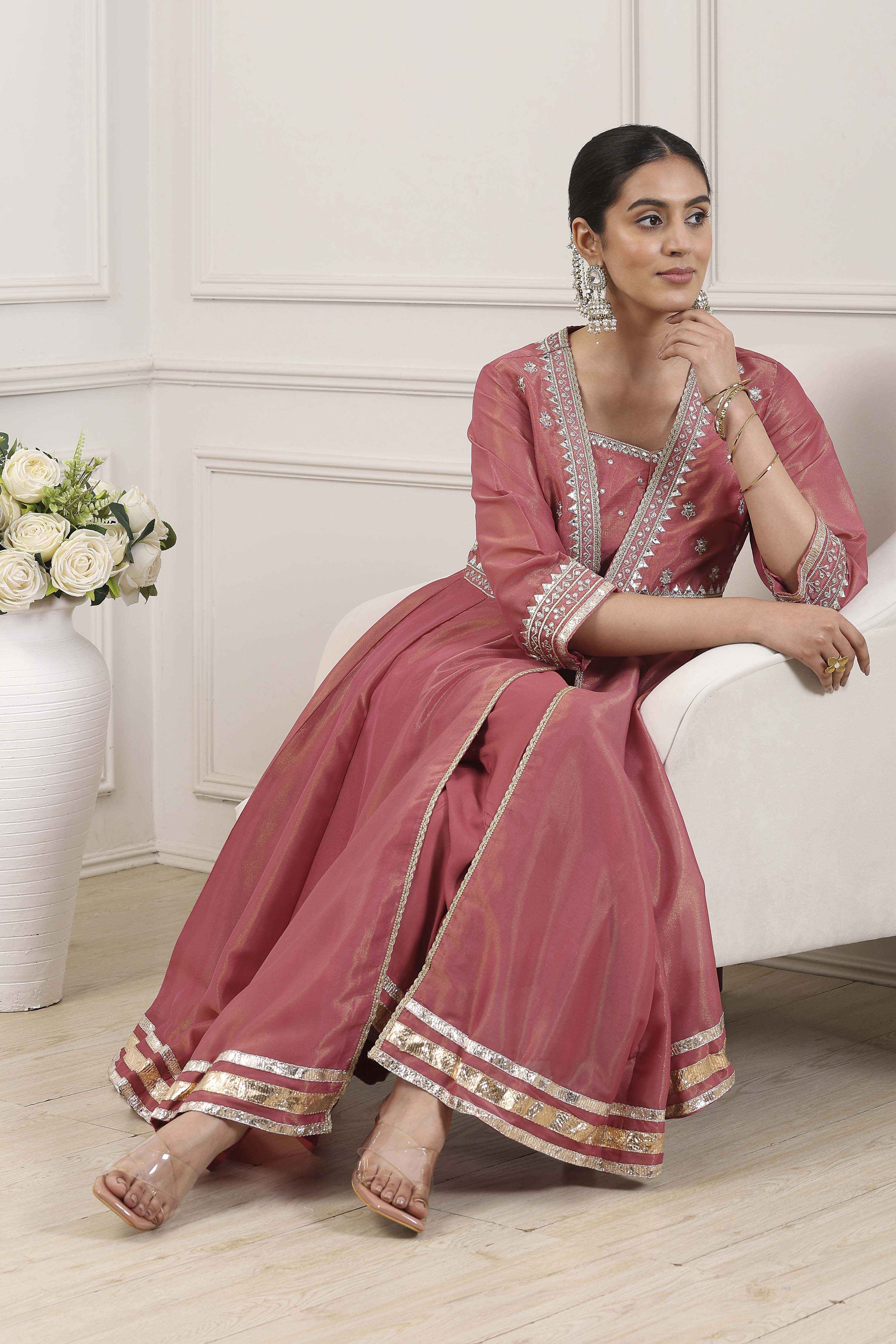 Pink Poly Tissue Anarkali Suit Set image number 0