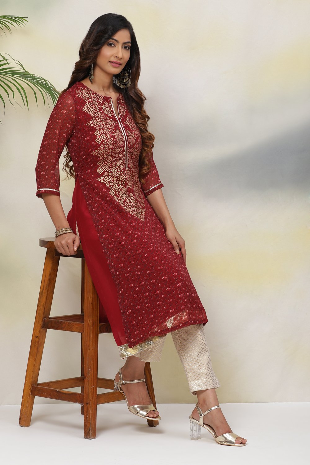 Rust Straight Art Silk Printed Kurta image number 5