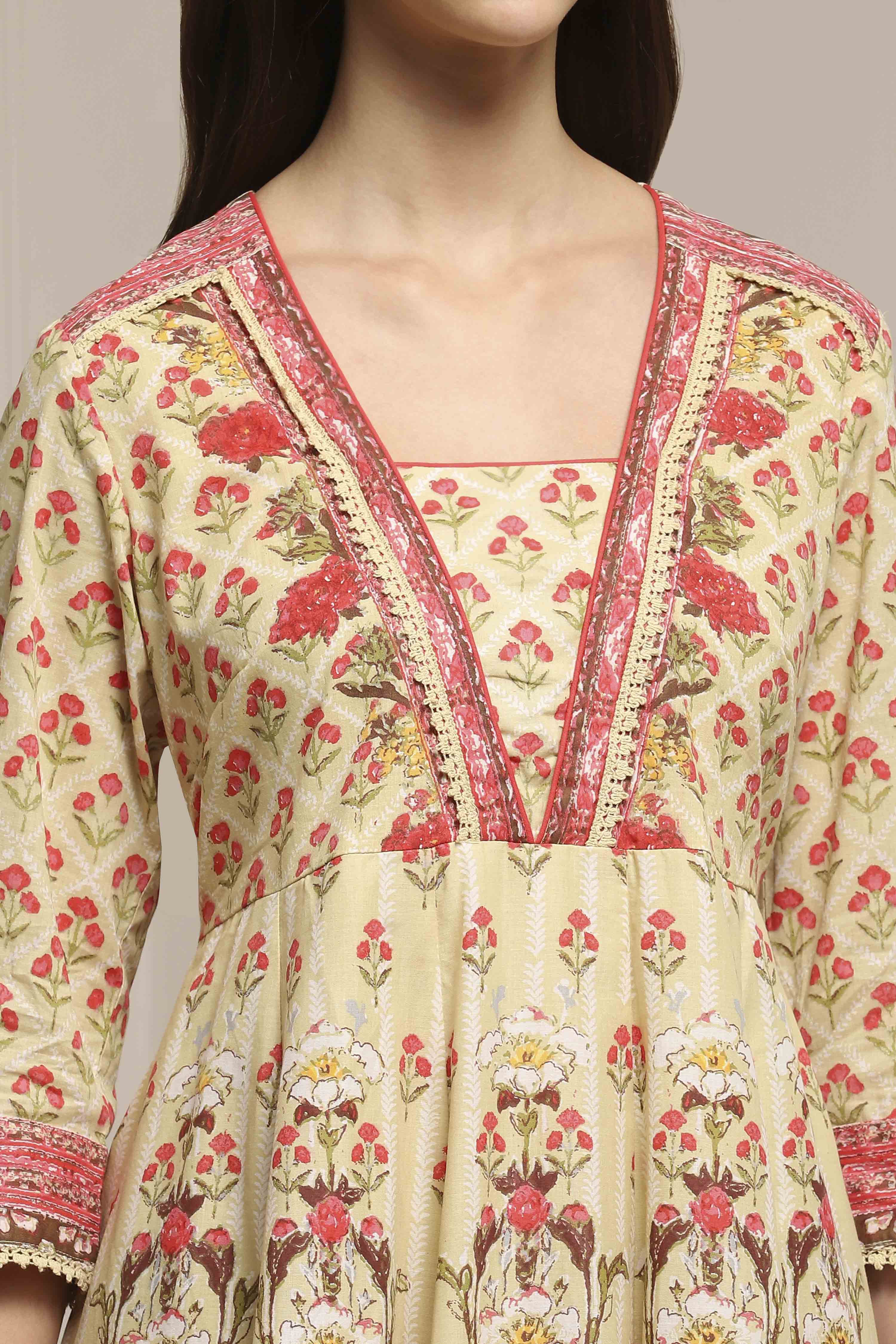 Off White-Pink Cotton Anarkali Printed Suit Set image number 1