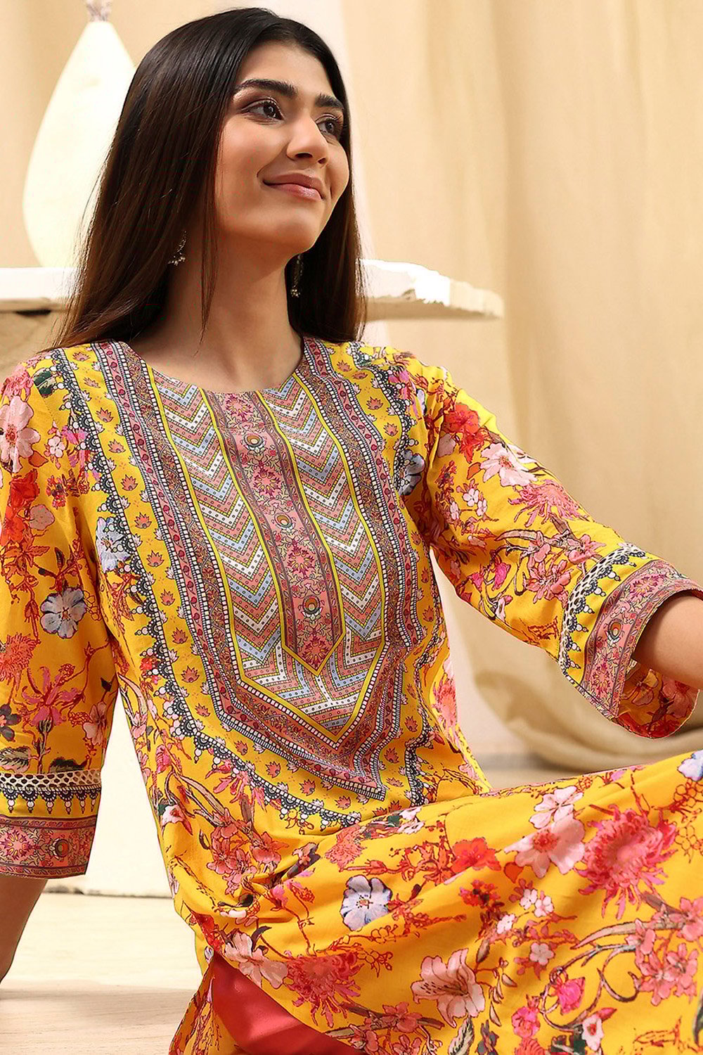 Pink Pure Cotton Floral Straight Kurta image number 0