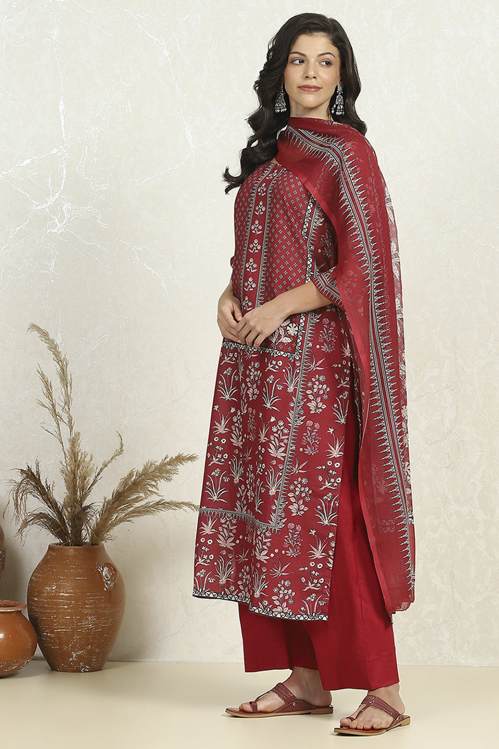 Green-Maroon Cotton Unstitched Suit Set image number 4