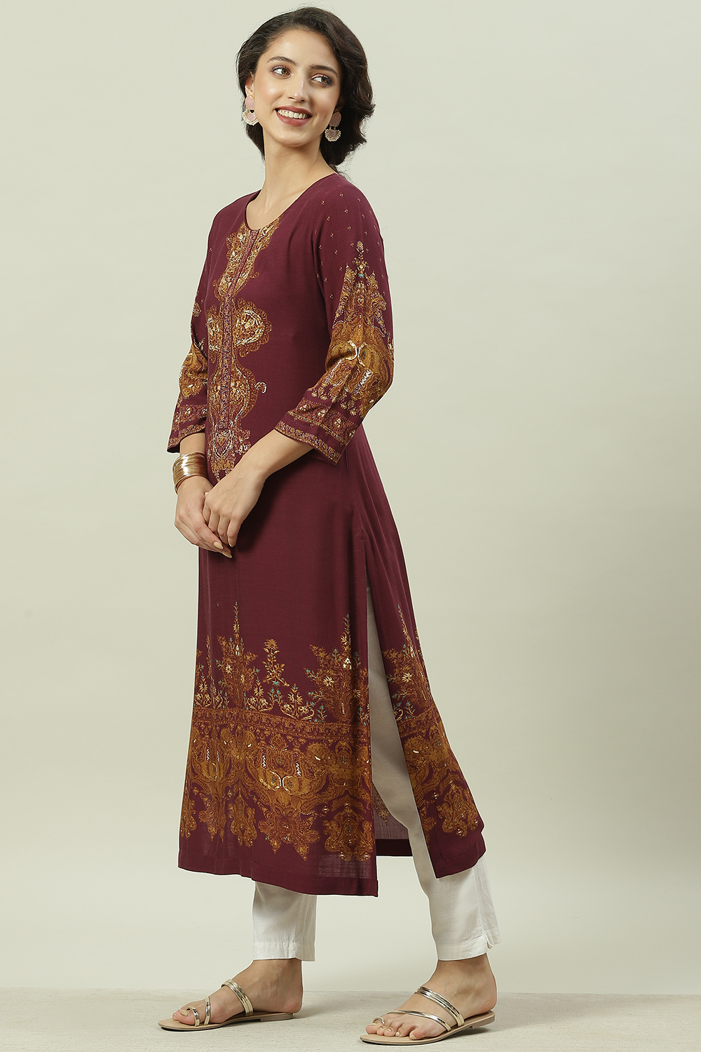 Wine LIVA Straight Printed Kurta image number 3