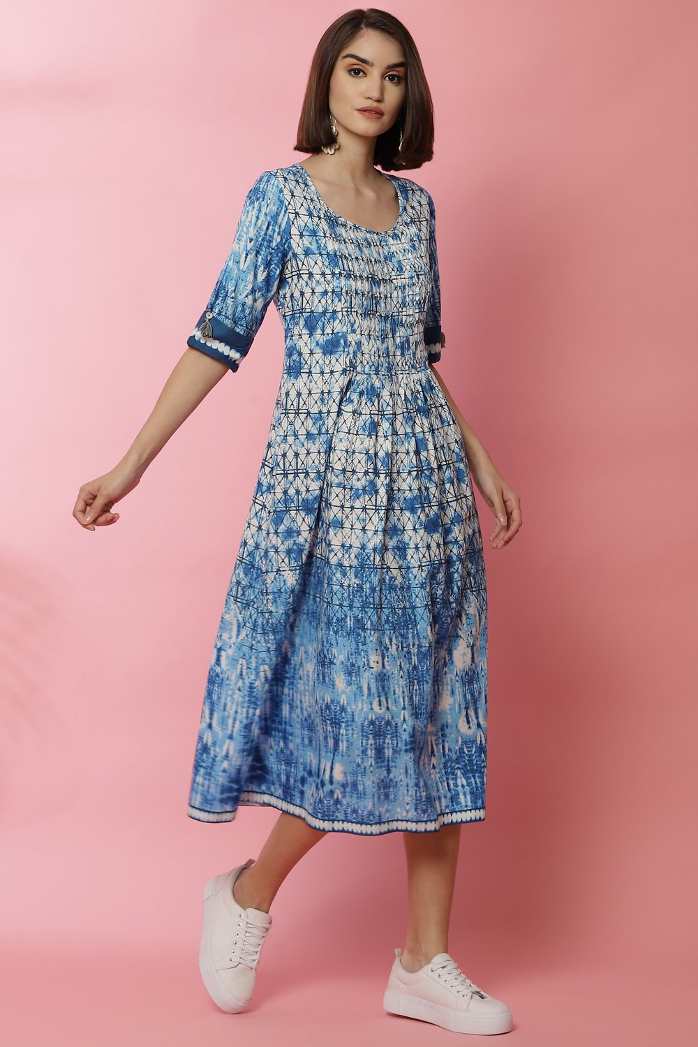 Blue A-Line Rayon Printed Dress image number 0