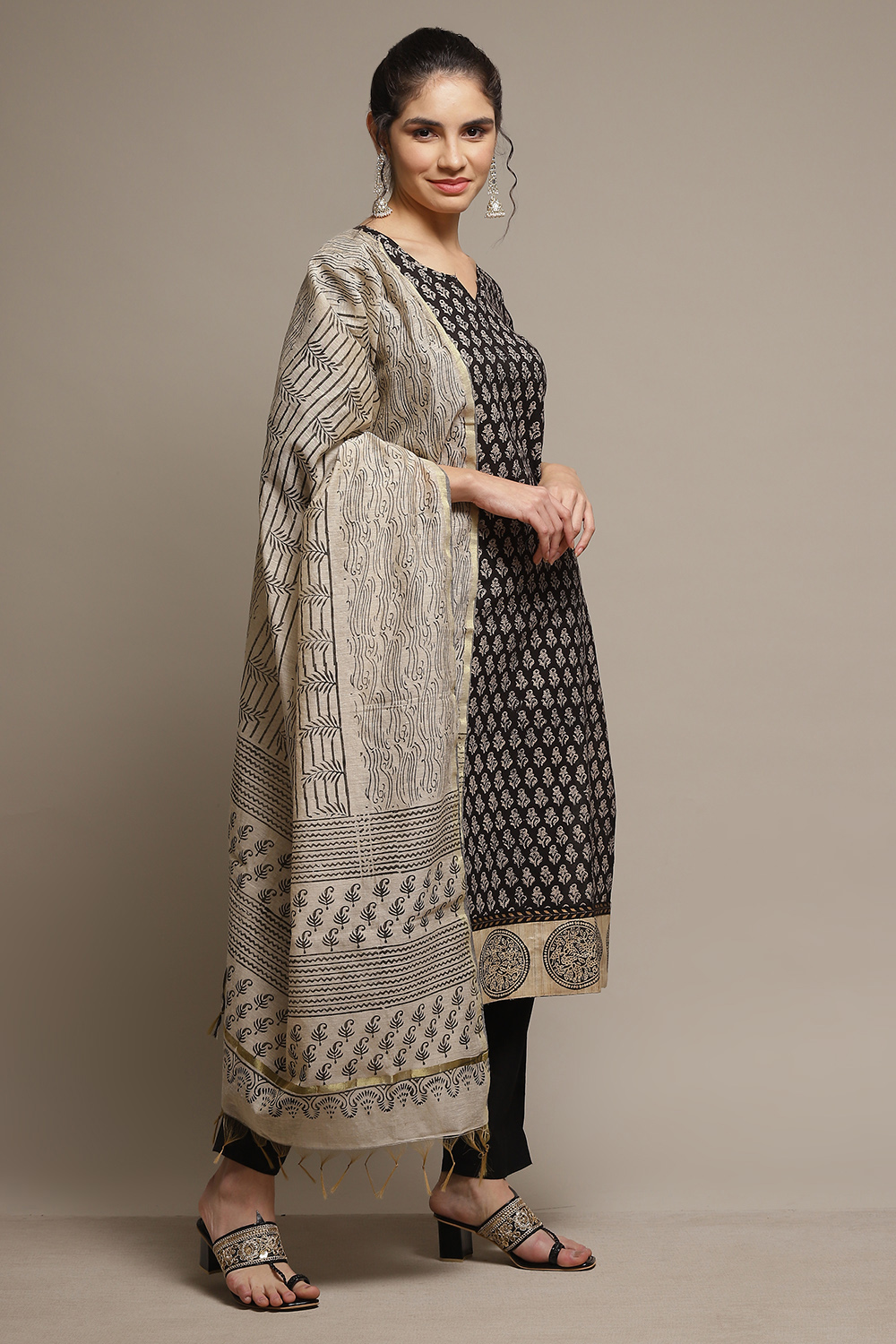 Black Cotton Hand Block Print Unstitched Suit Set image number 4
