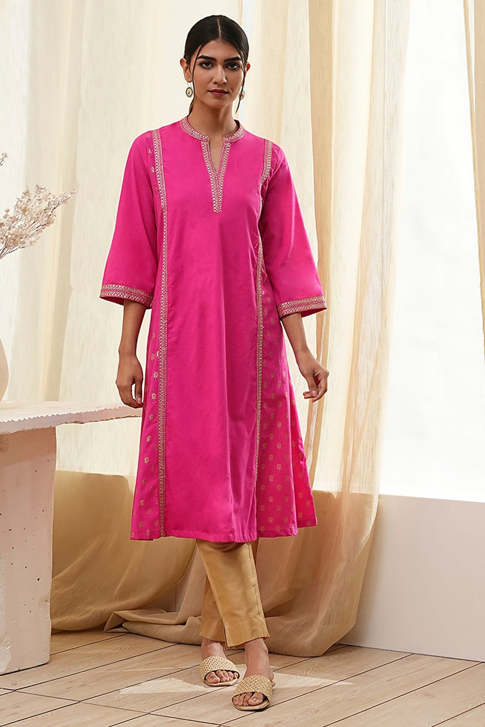 Fuchsia Cotton Printed A-Line Kurta image number 5