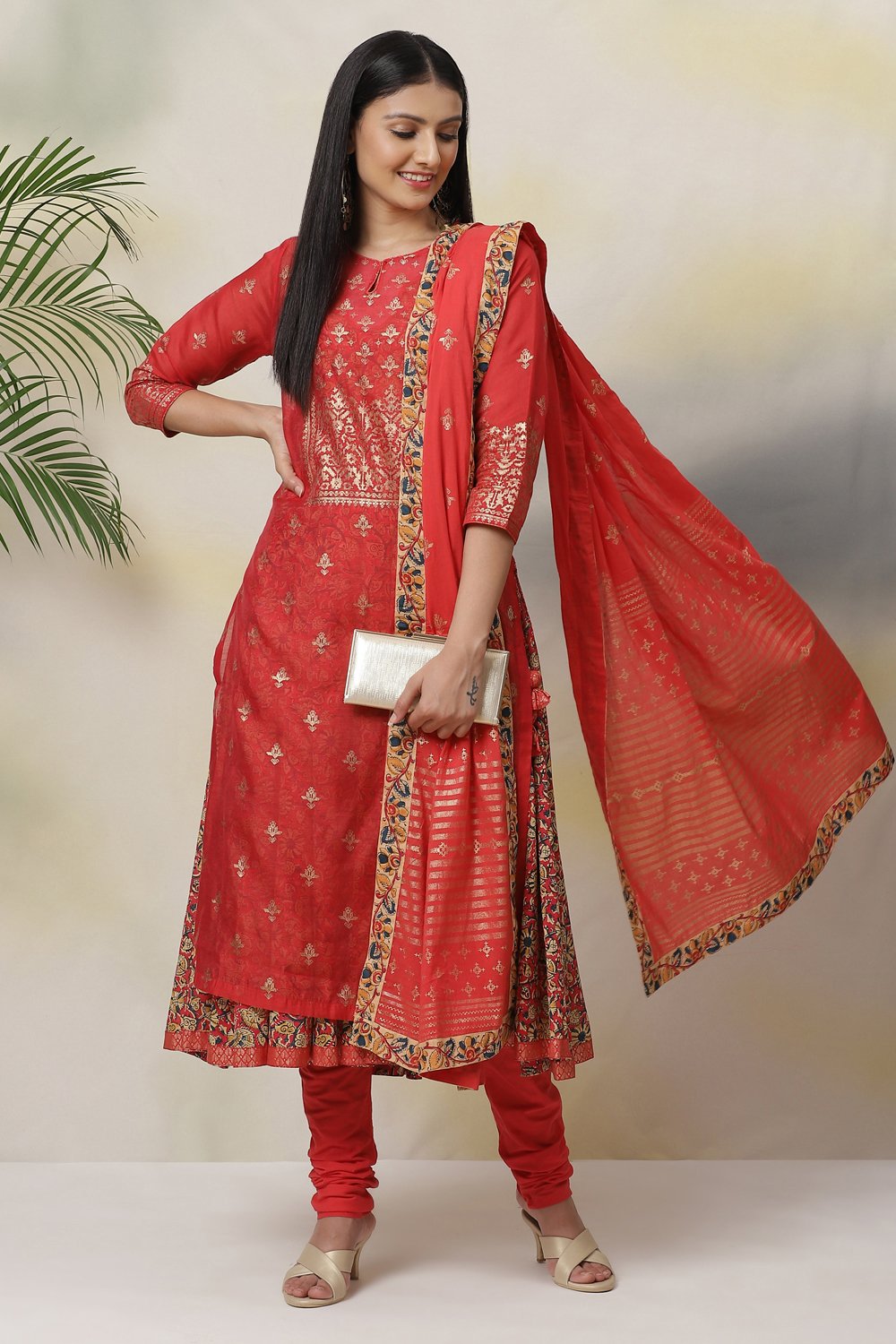 Red Art Silk Double Layered  Kurta Churidar Suit Set image number 6