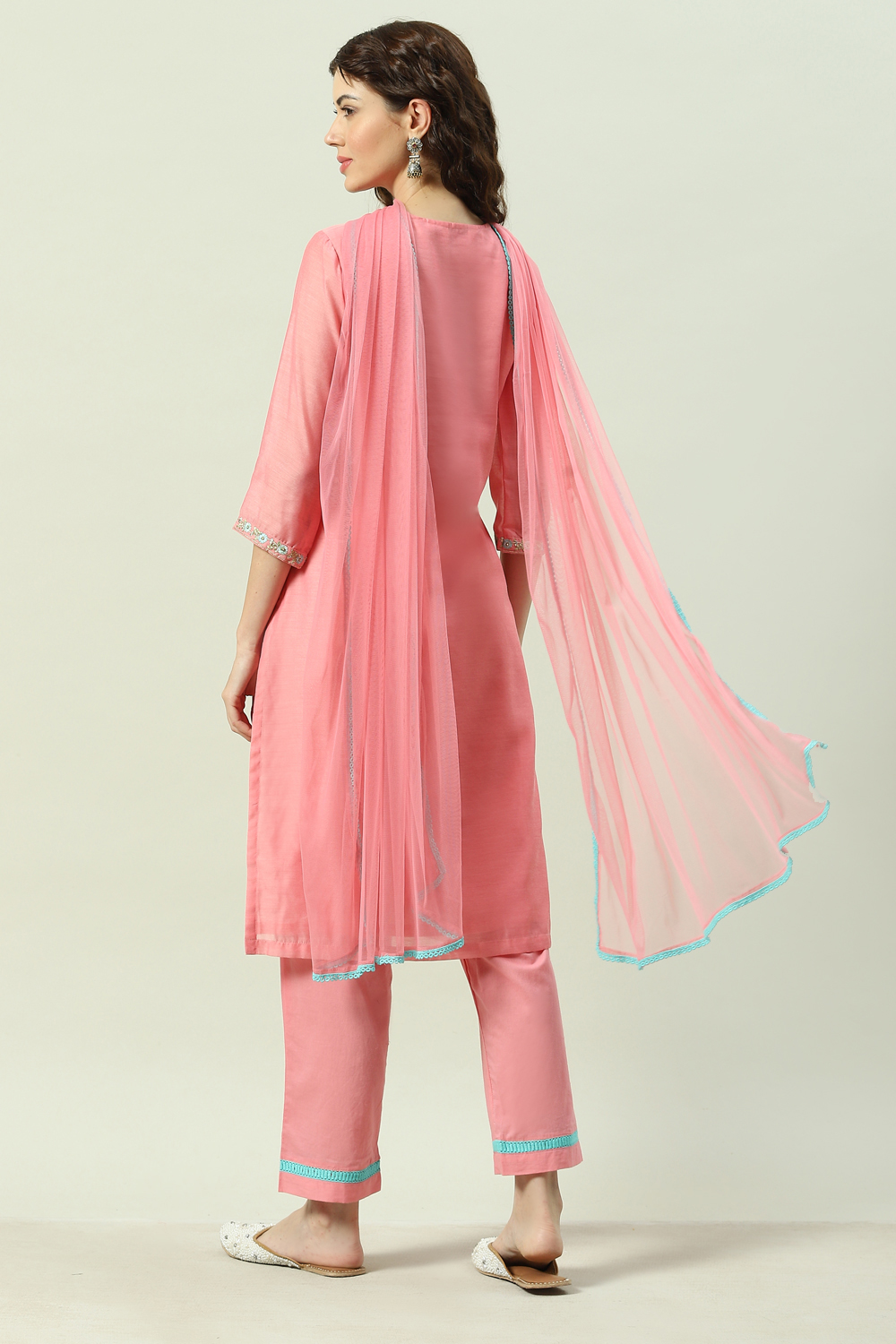 Turquoise Yarndyed A-Line Kurta Regular Pants Suit Set image number 4