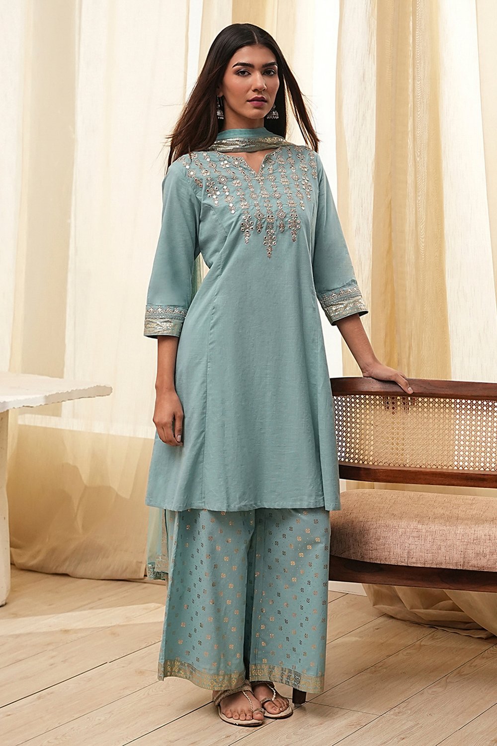 Dull Blue Cotton Embroidered Kalidar Suit Set image number 7