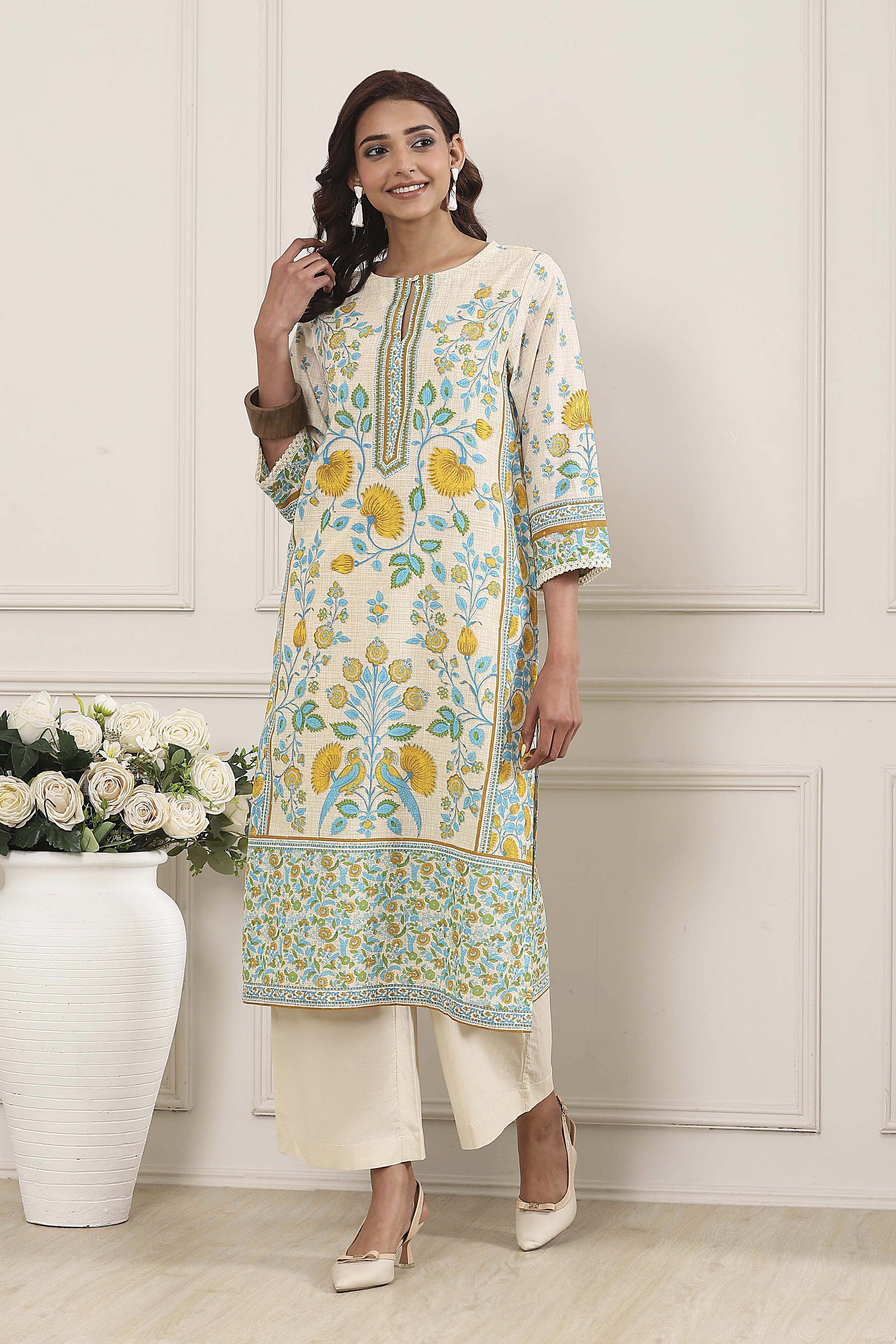Off-White Cotton Printed Straight Kurta image number 0