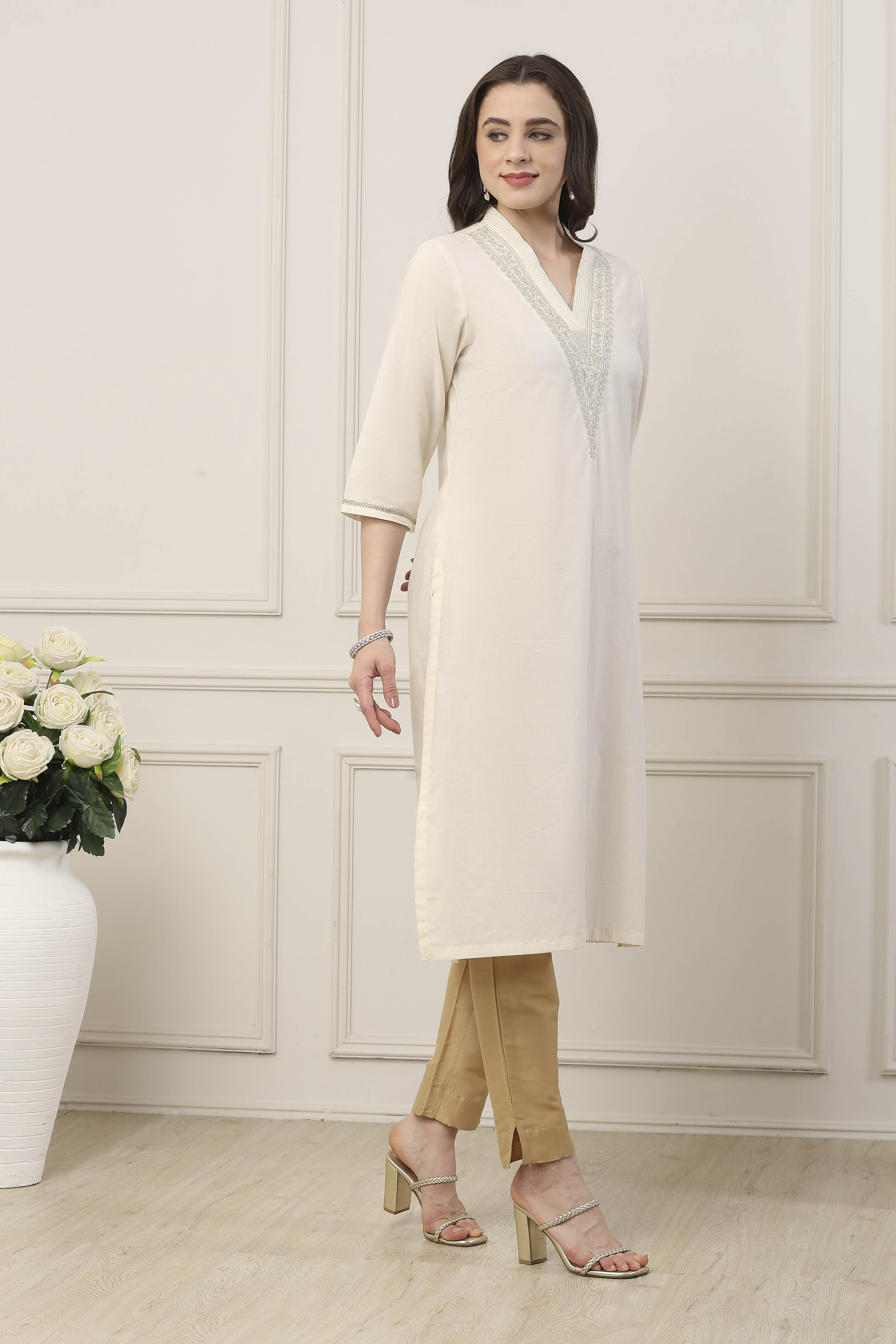 Orange Cotton Straight Kurta image number 4