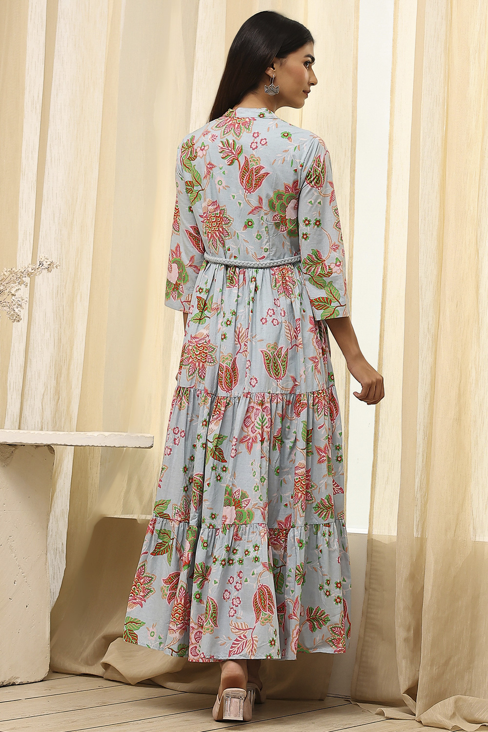 Earthy Blue Cotton Floral Tiered Dress image number 4