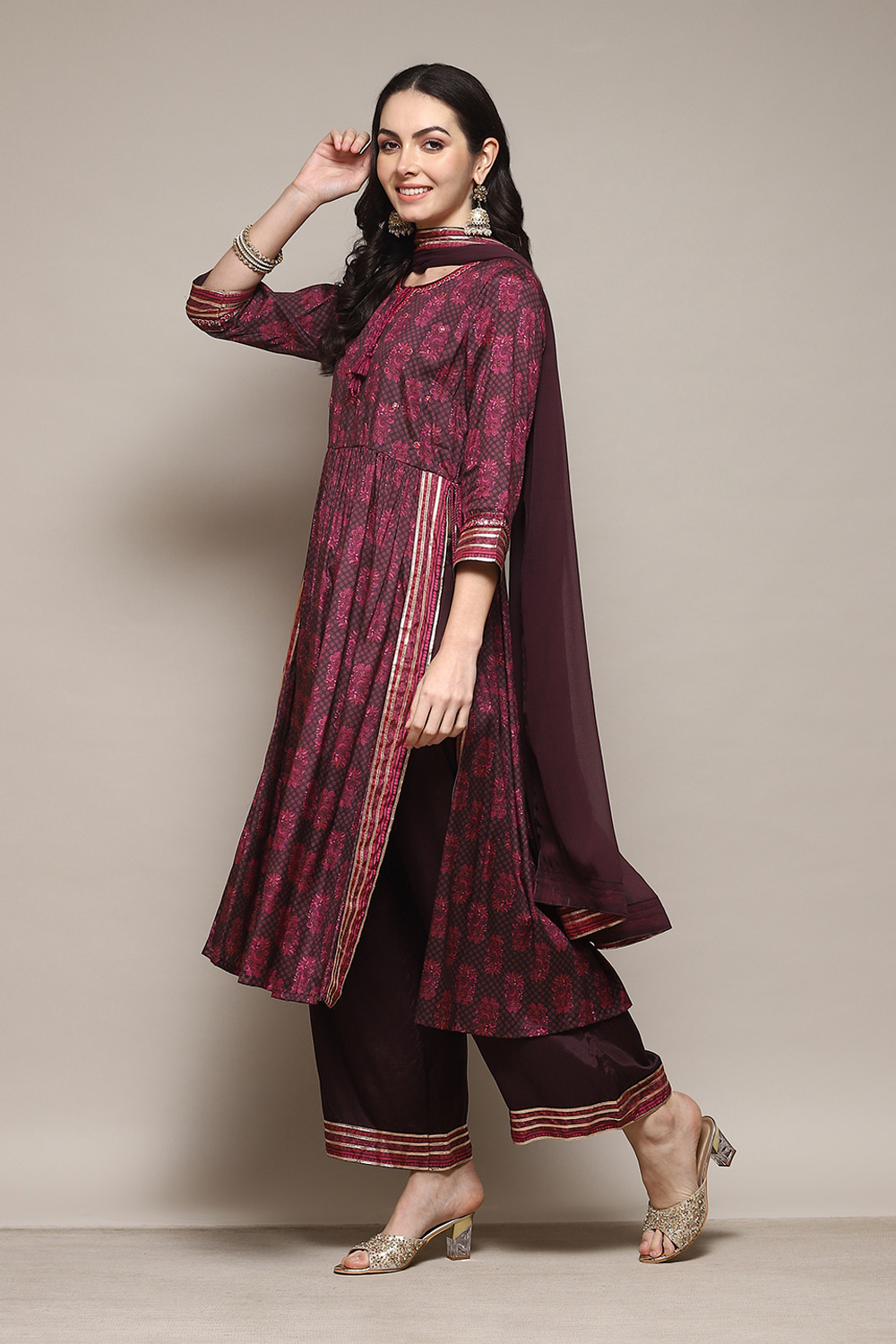 Wine Viscose Gathered Kurta Palazzo Suit Set image number 5