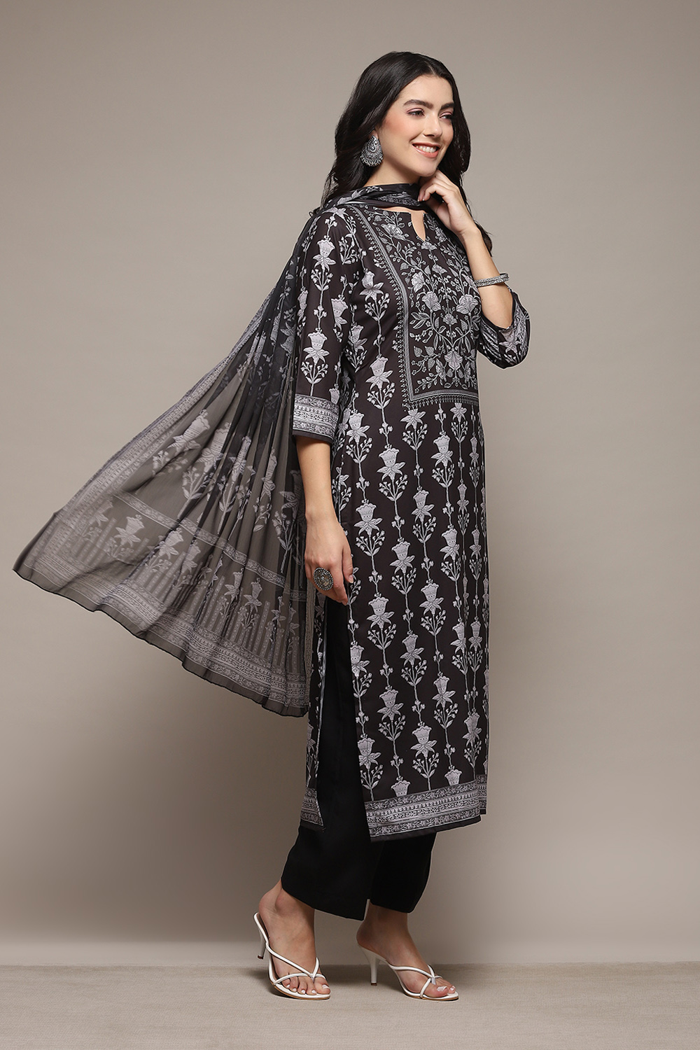 Black Silk Blend Digital Print Unstitched Suit Set image number 7