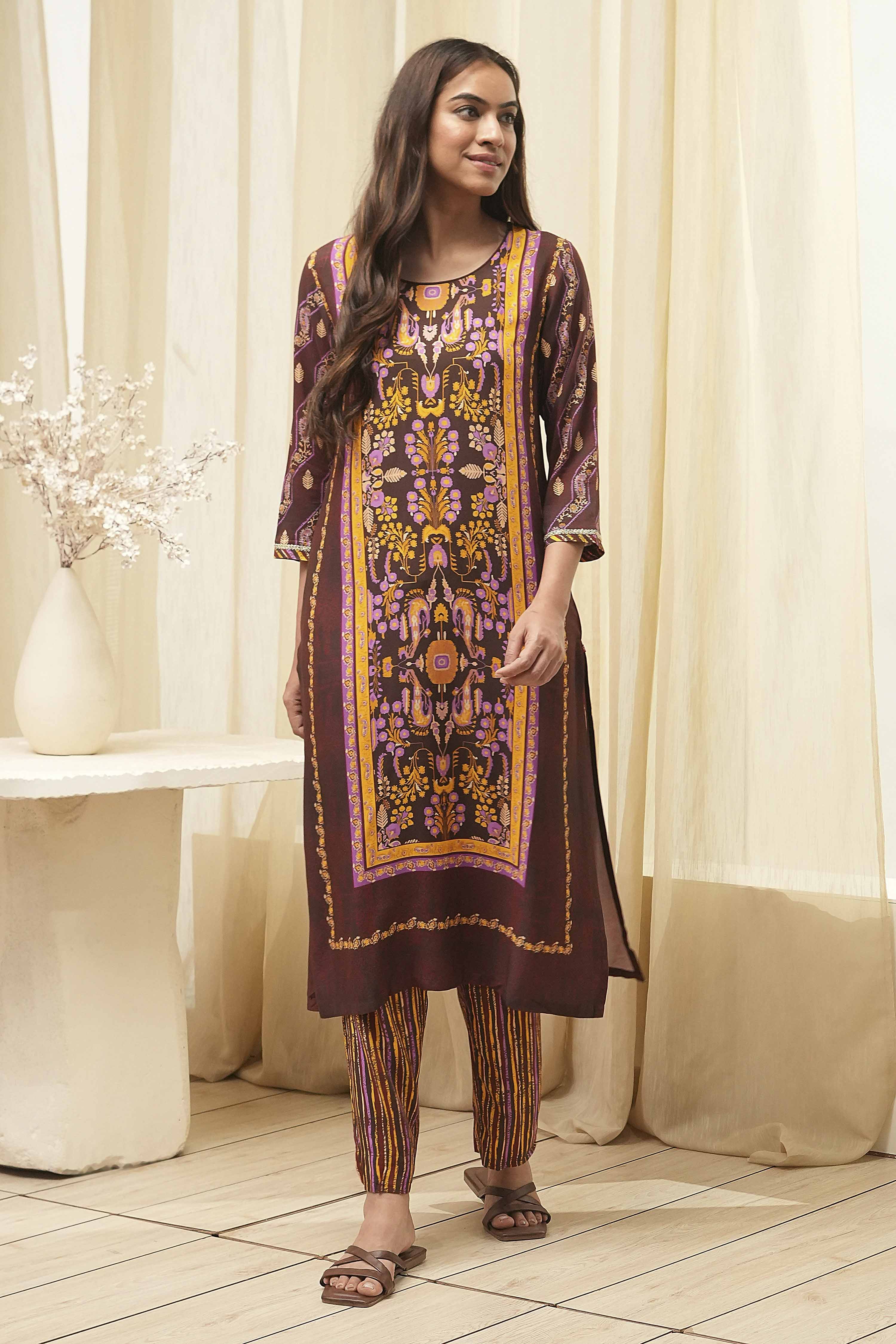 Maroon Cotton Straight Kurta Palazzo Suit Set image number 7