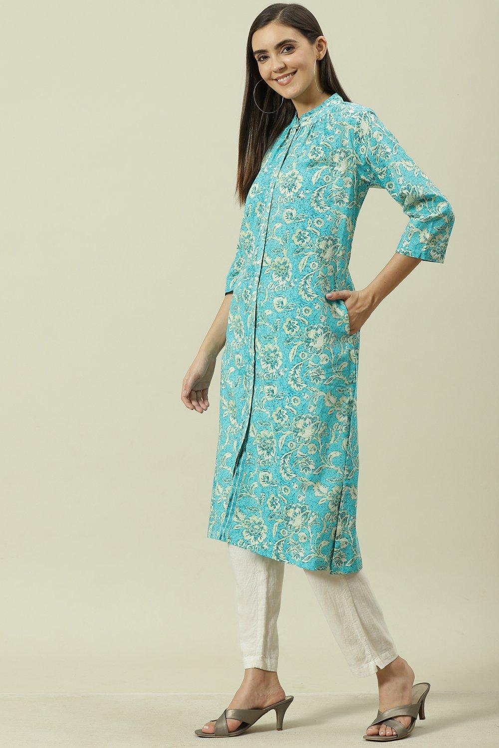 Turquoise Straight Kurta image number 2