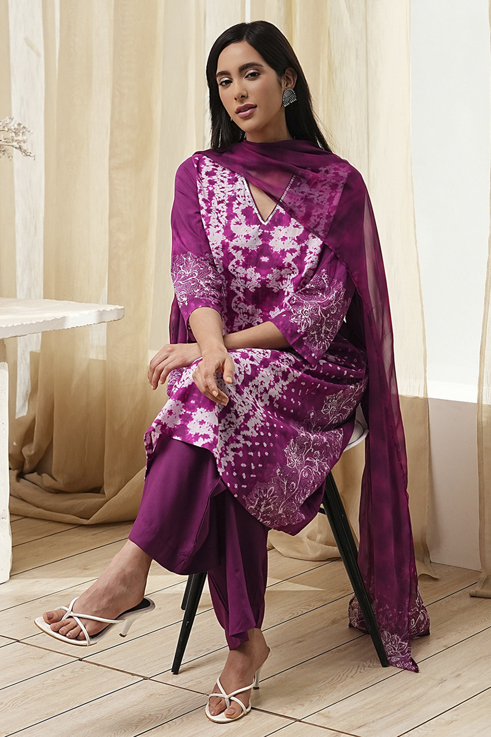 Berry Purple Cotton Straight Suit Set image number 0