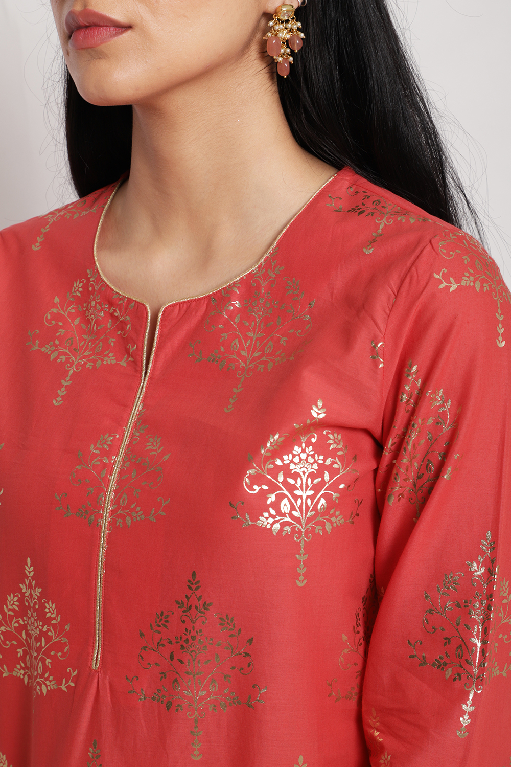 Coral Cotton Straight Kurta Pant Suit Set image number 1