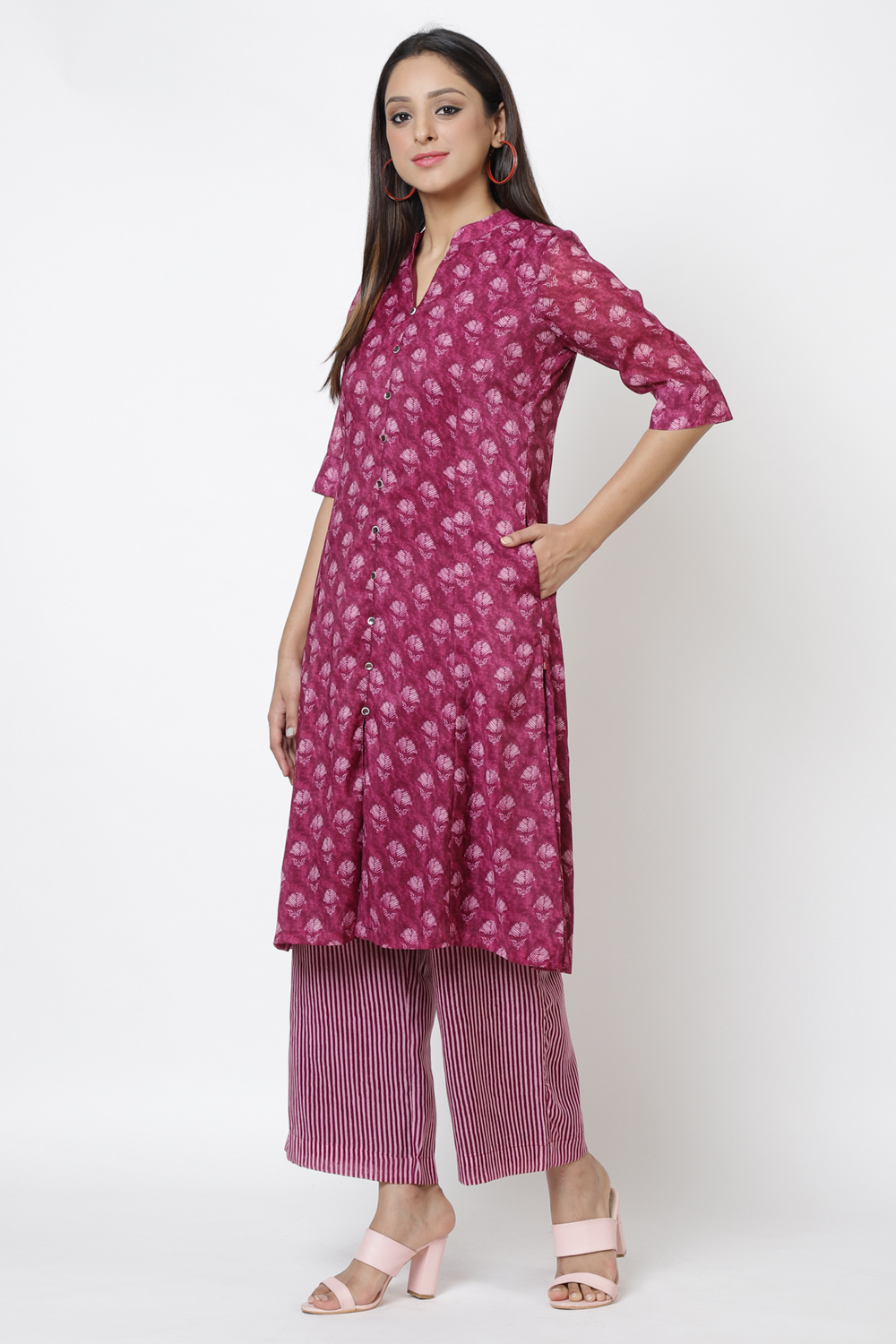 Plum Art Silk Kurta Pants Set image number 3