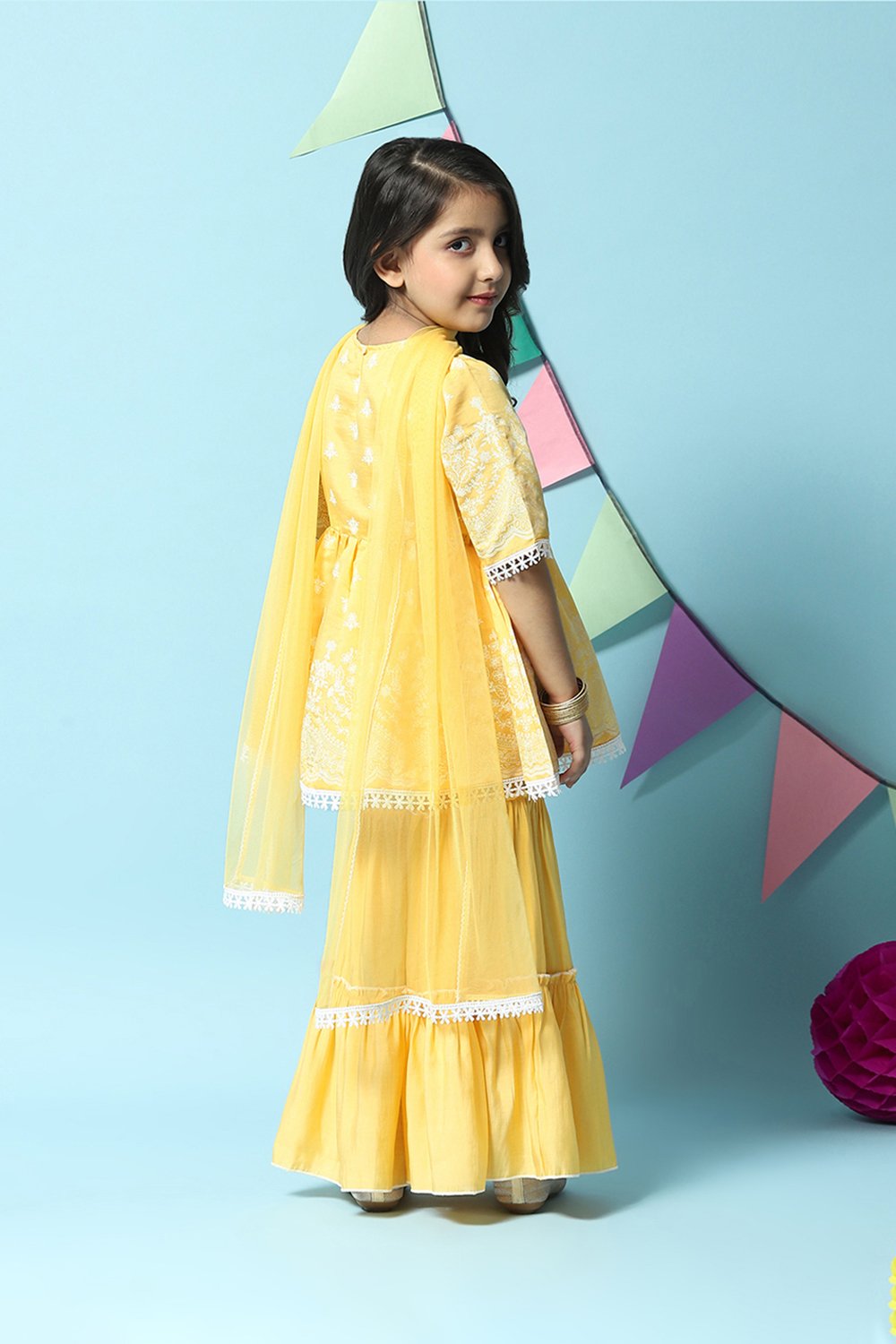 Yellow Cotton Blend Gathered Kurta Sharara Suit Set image number 4