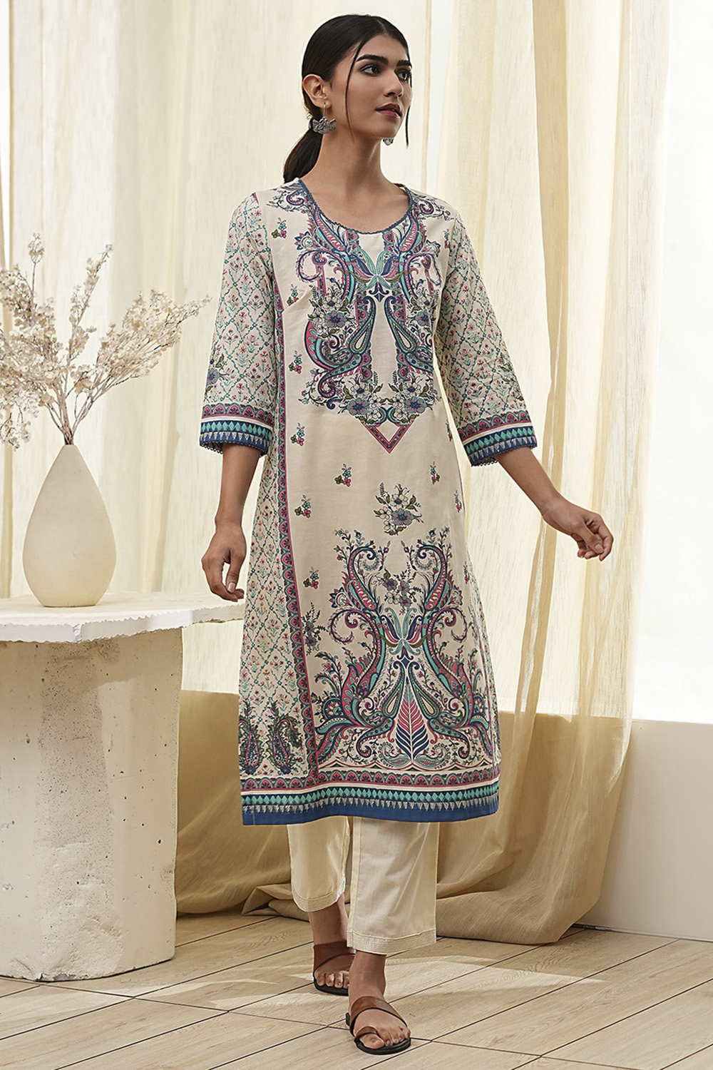 Blue Pure Cotton Printed Straight Kurta image number 5