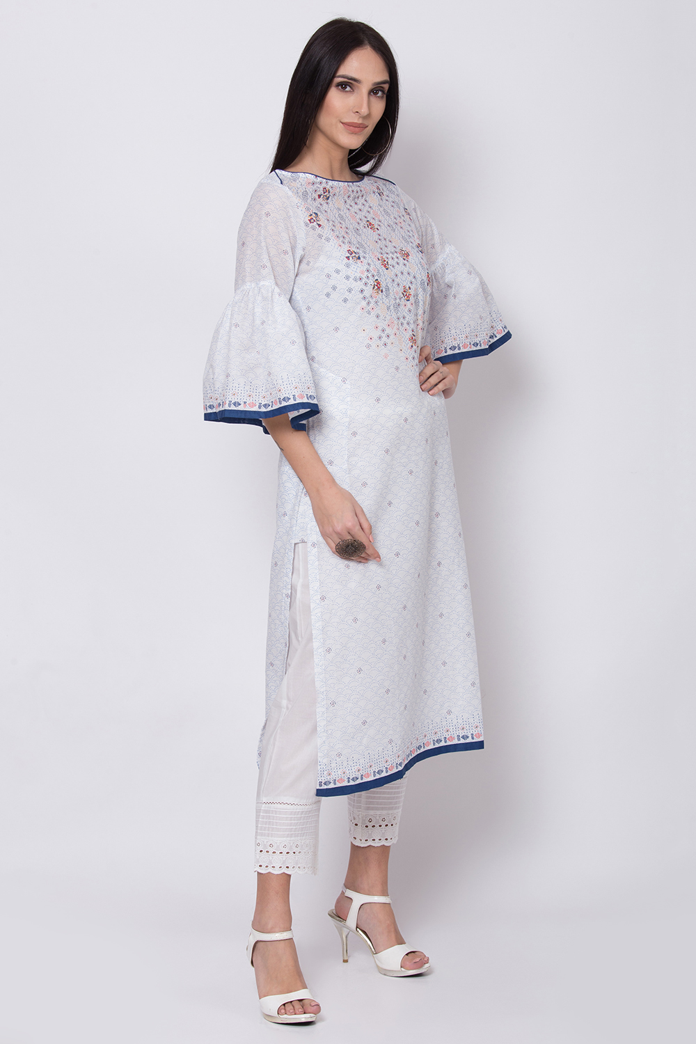 White Cotton Straight Printed Kurta image number 4