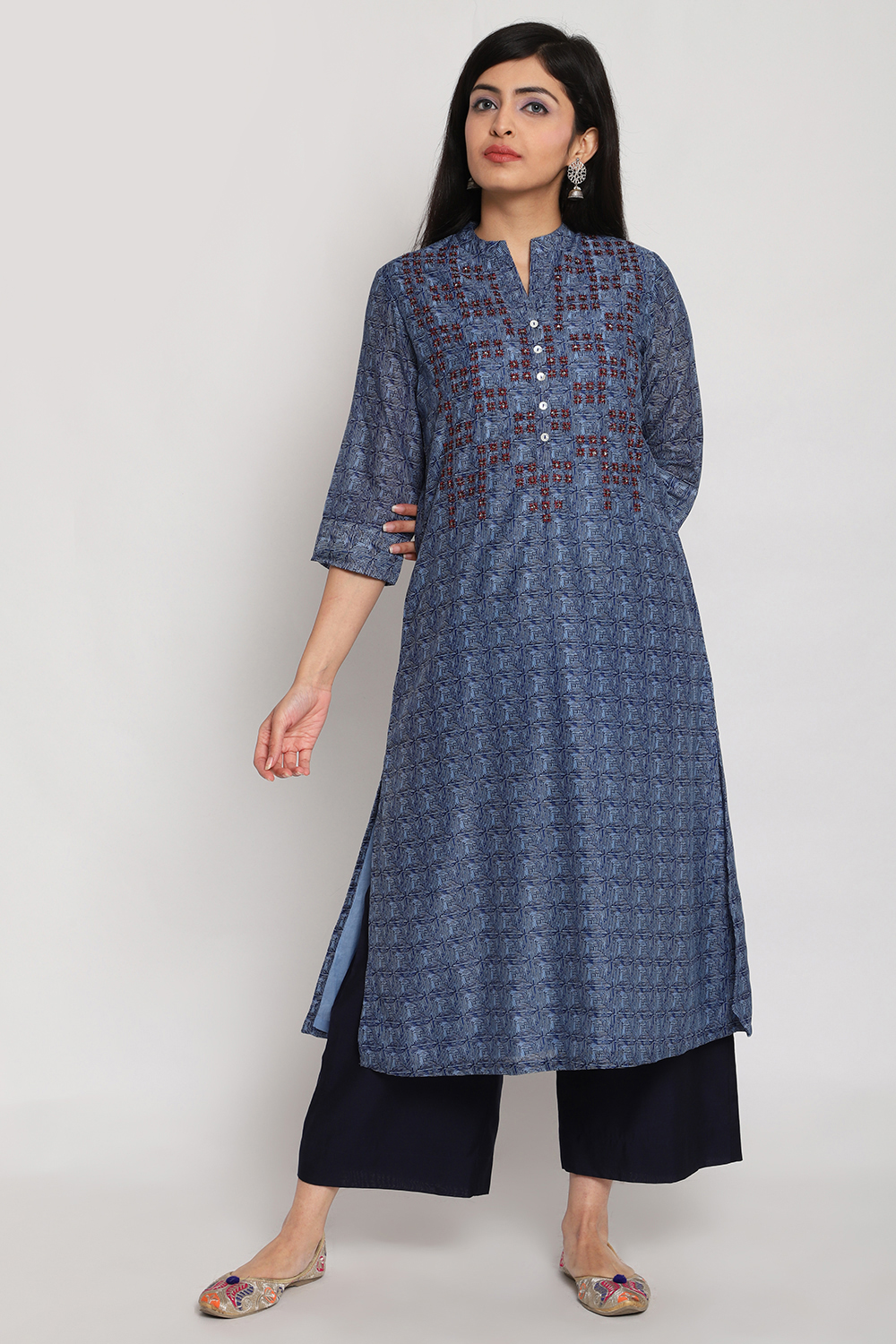 Buy Indigo Art Silk Kurta Pants Set (Kurta, Straight Palazzo) for ...