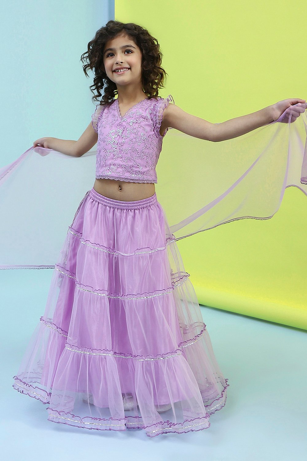 Lilac Net Lehenga Set image number 0