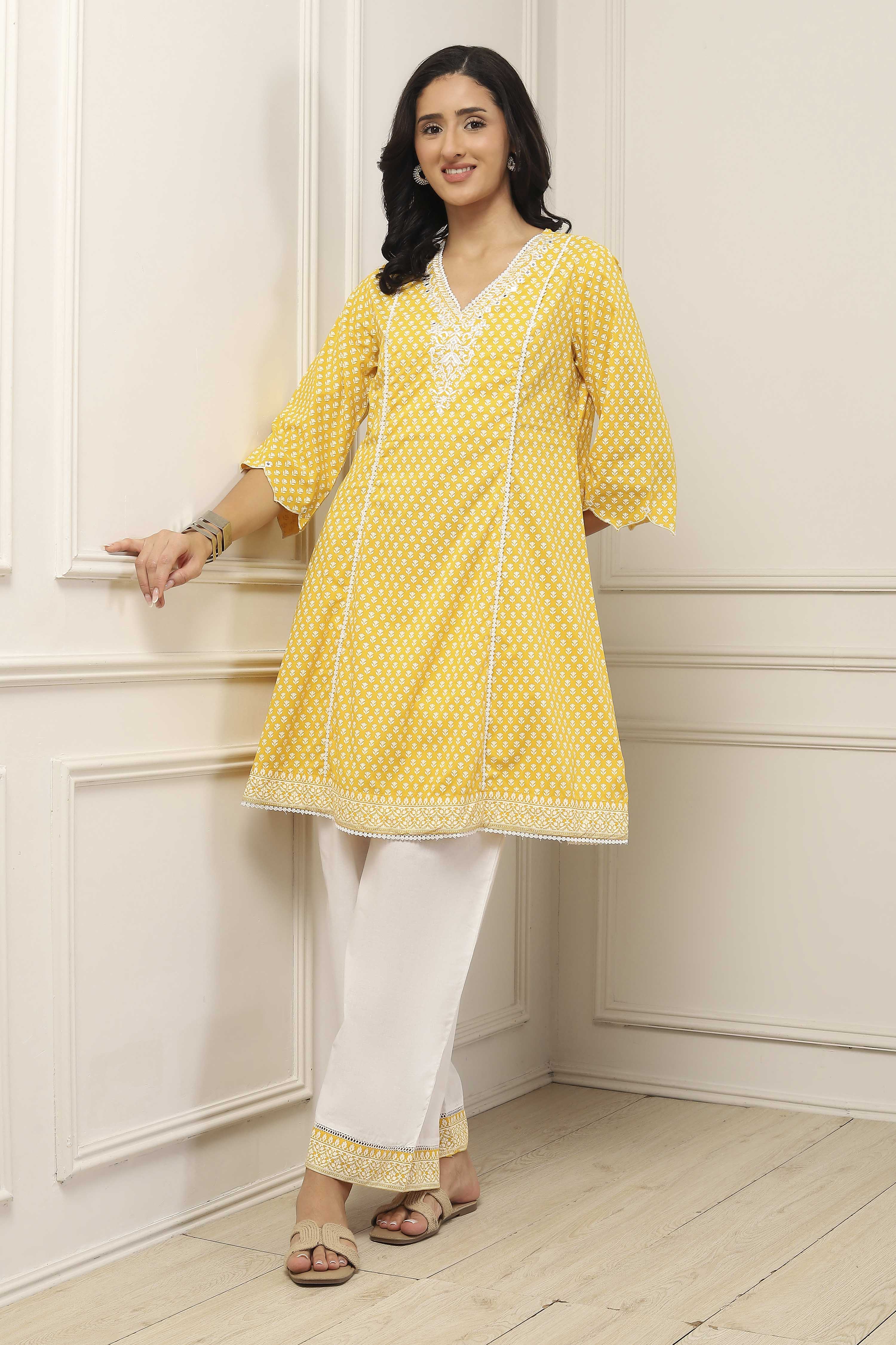 Yellow Cotton Kalidar Kurta Palazzo Set image number 0