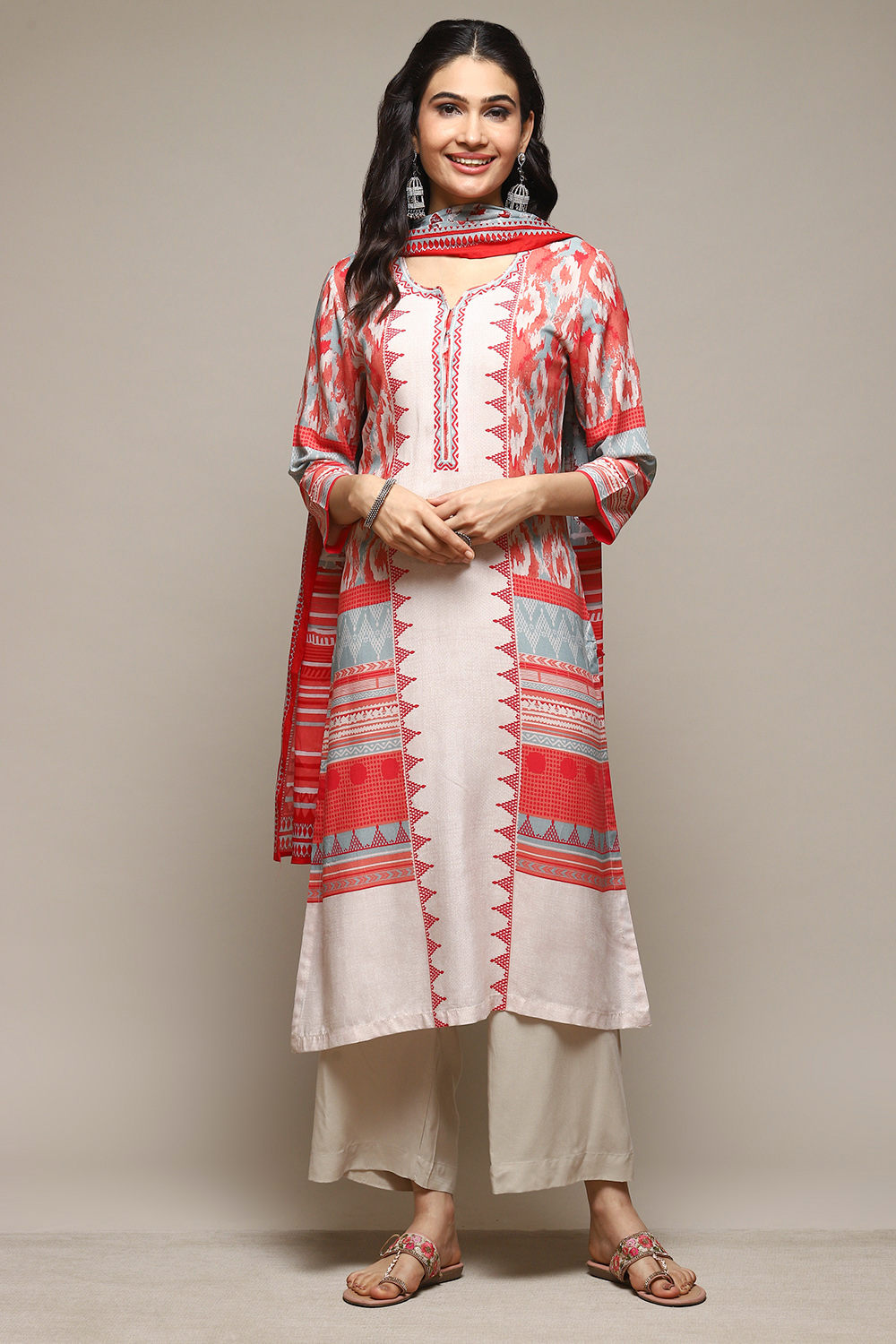 Off White & Red Rayon Straight Kurta Palazzo Suit Set image number 7