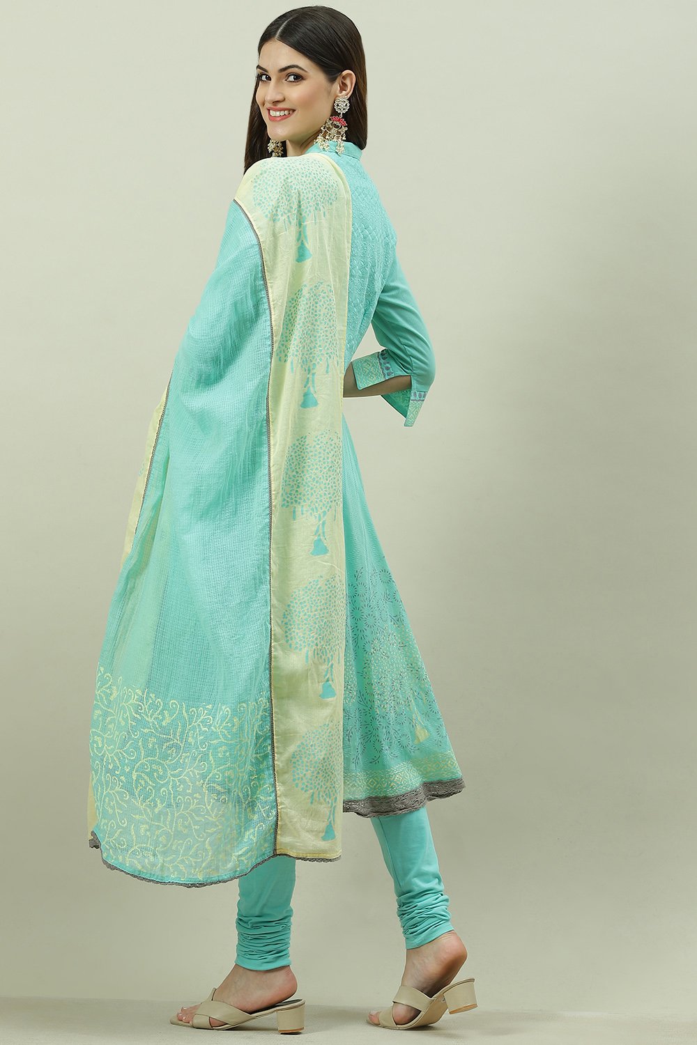 Aqua Cotton Asymmetric Kurta Churidar Suit Set image number 4