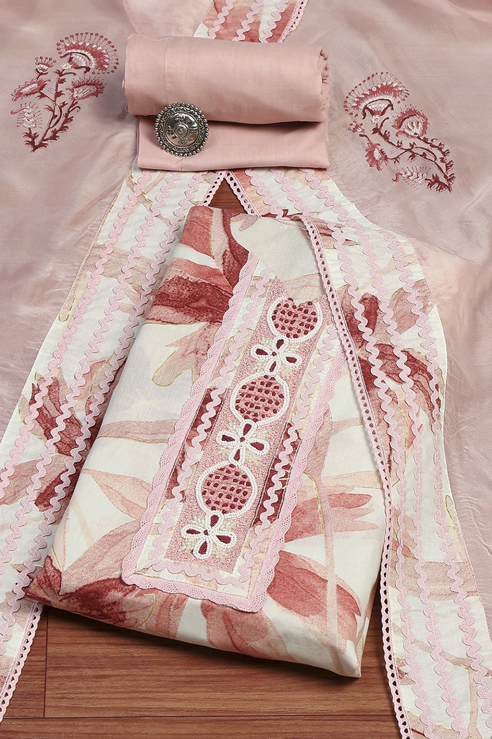 Pink Cotton Printed Floral Unstitched Suit Set image number 0